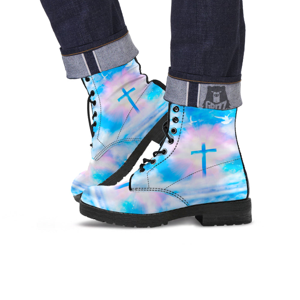 White Doves And Christian Cross Print Leather Boots-grizzshop