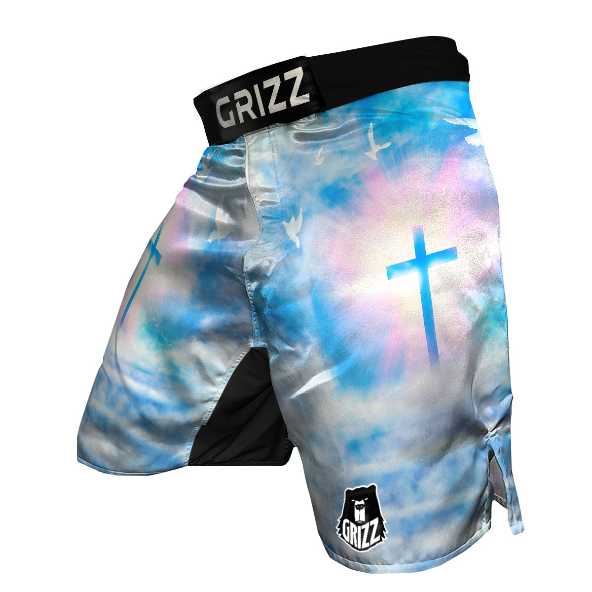 White Doves And Christian Cross Print MMA Shorts-grizzshop