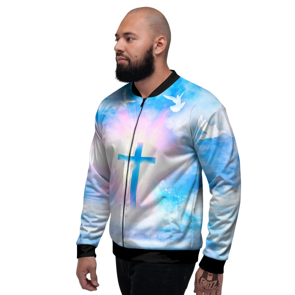 White Doves And Christian Cross Print Men's Bomber Jacket-grizzshop