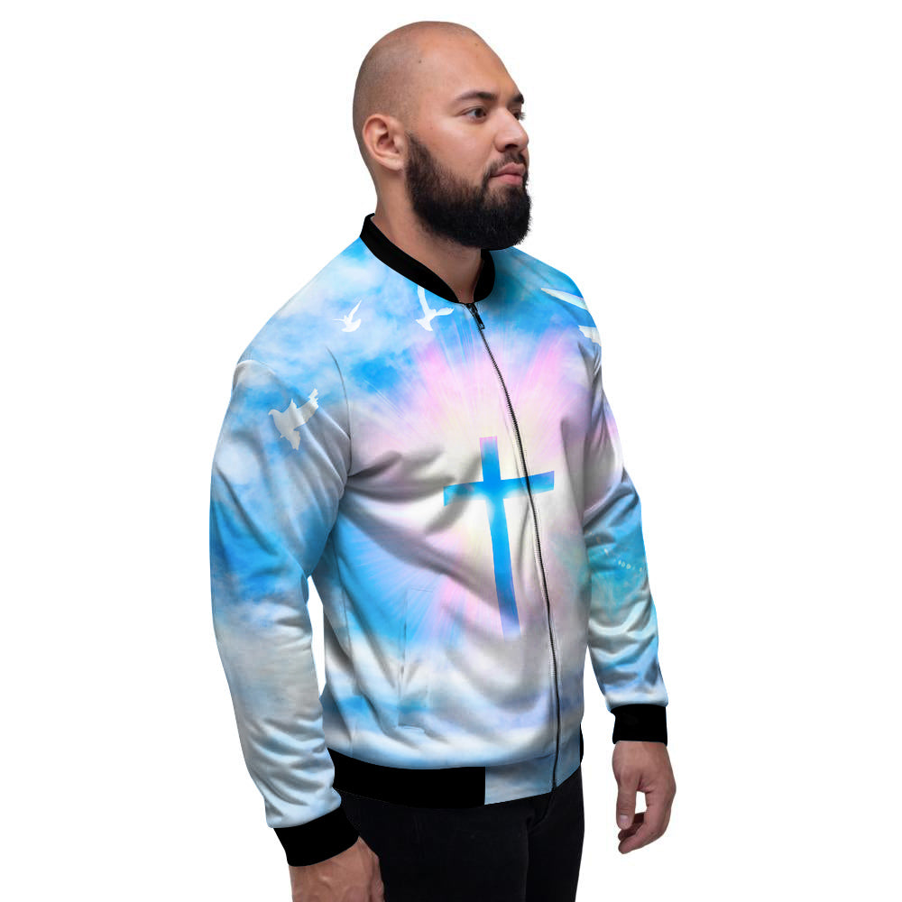 White Doves And Christian Cross Print Men's Bomber Jacket-grizzshop