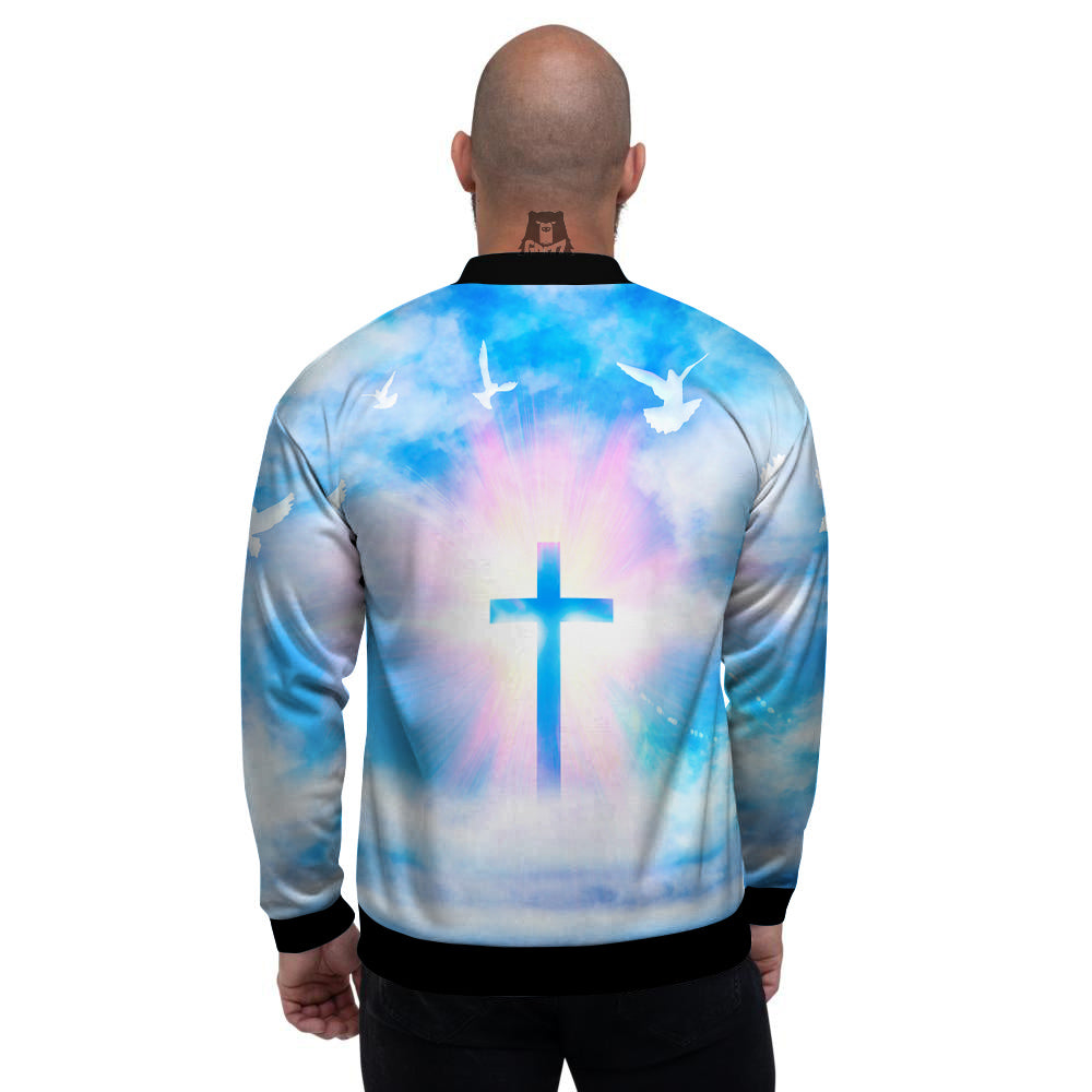 White Doves And Christian Cross Print Men's Bomber Jacket-grizzshop
