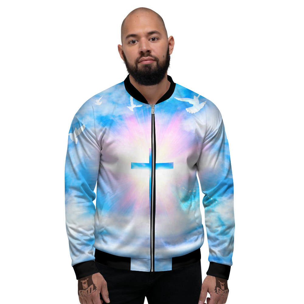 White Doves And Christian Cross Print Men's Bomber Jacket-grizzshop