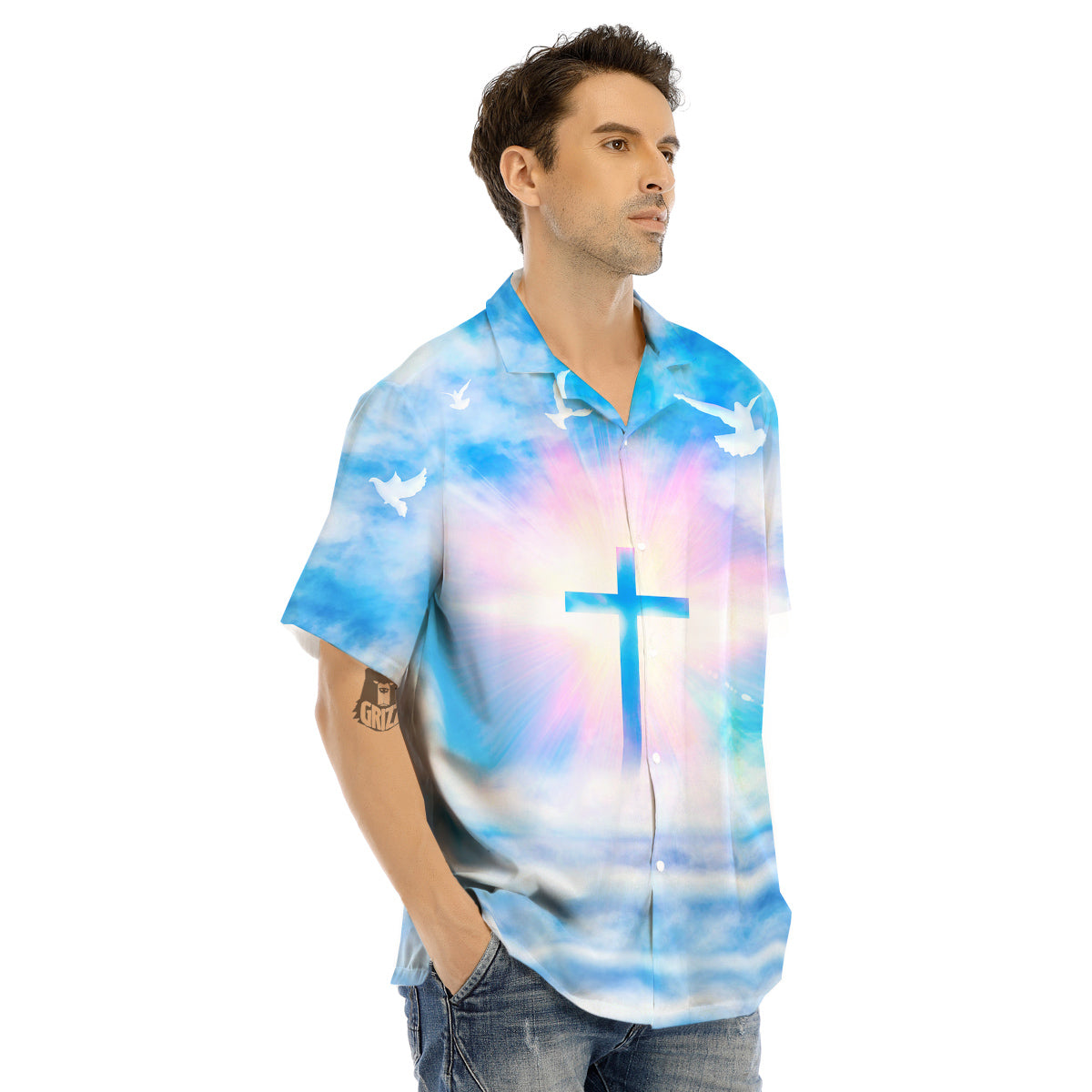 White Doves And Christian Cross Print Men's Hawaiian Shirt-grizzshop