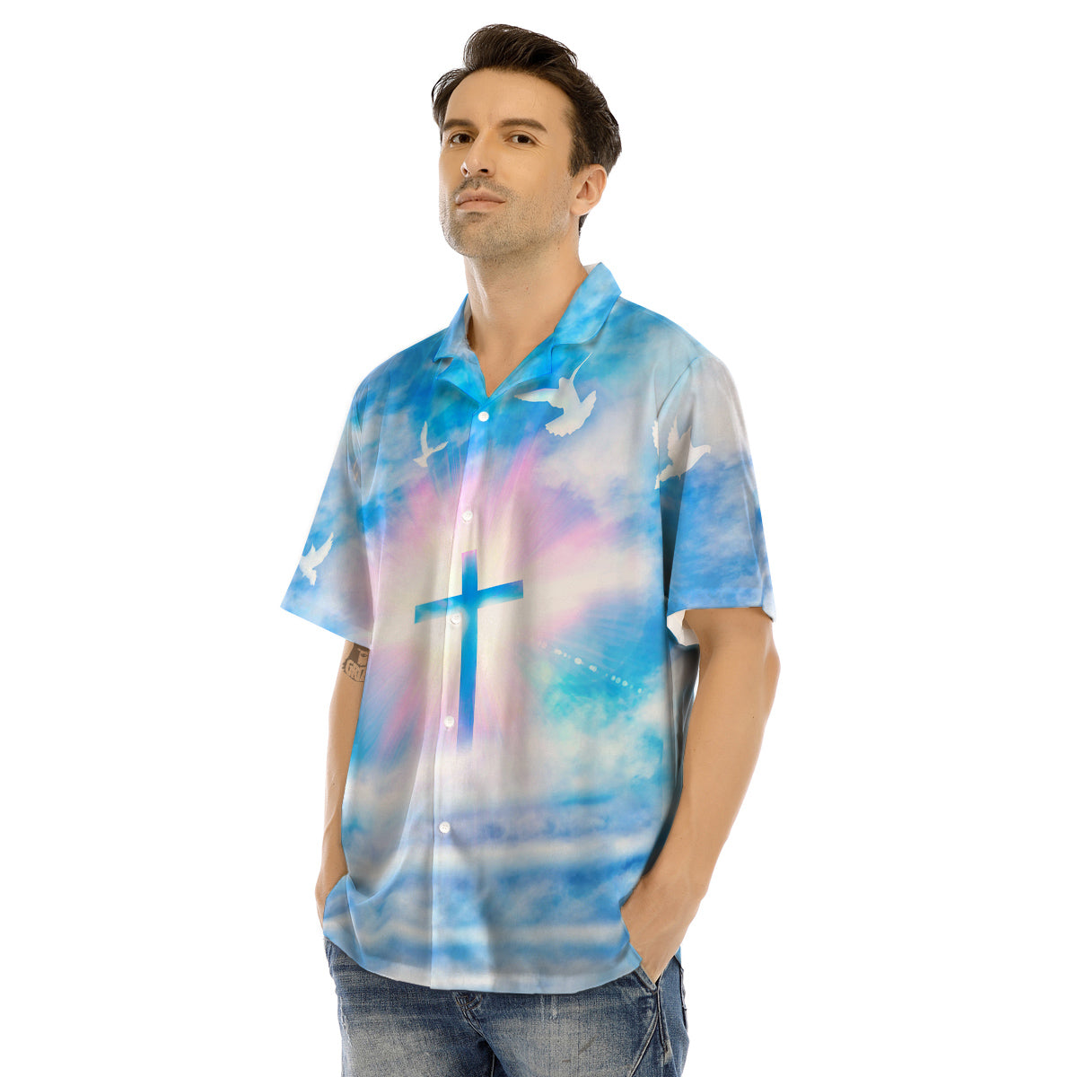 White Doves And Christian Cross Print Men's Hawaiian Shirt-grizzshop