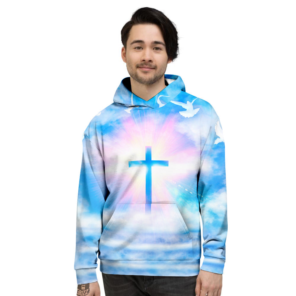 White Doves And Christian Cross Print Men's Hoodie-grizzshop