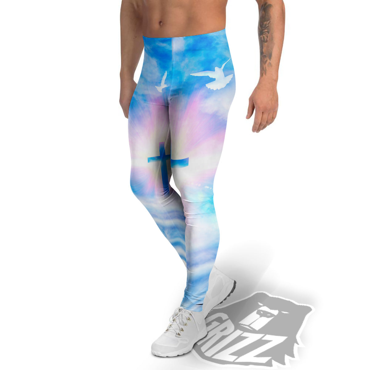 White Doves And Christian Cross Print Men's Leggings-grizzshop