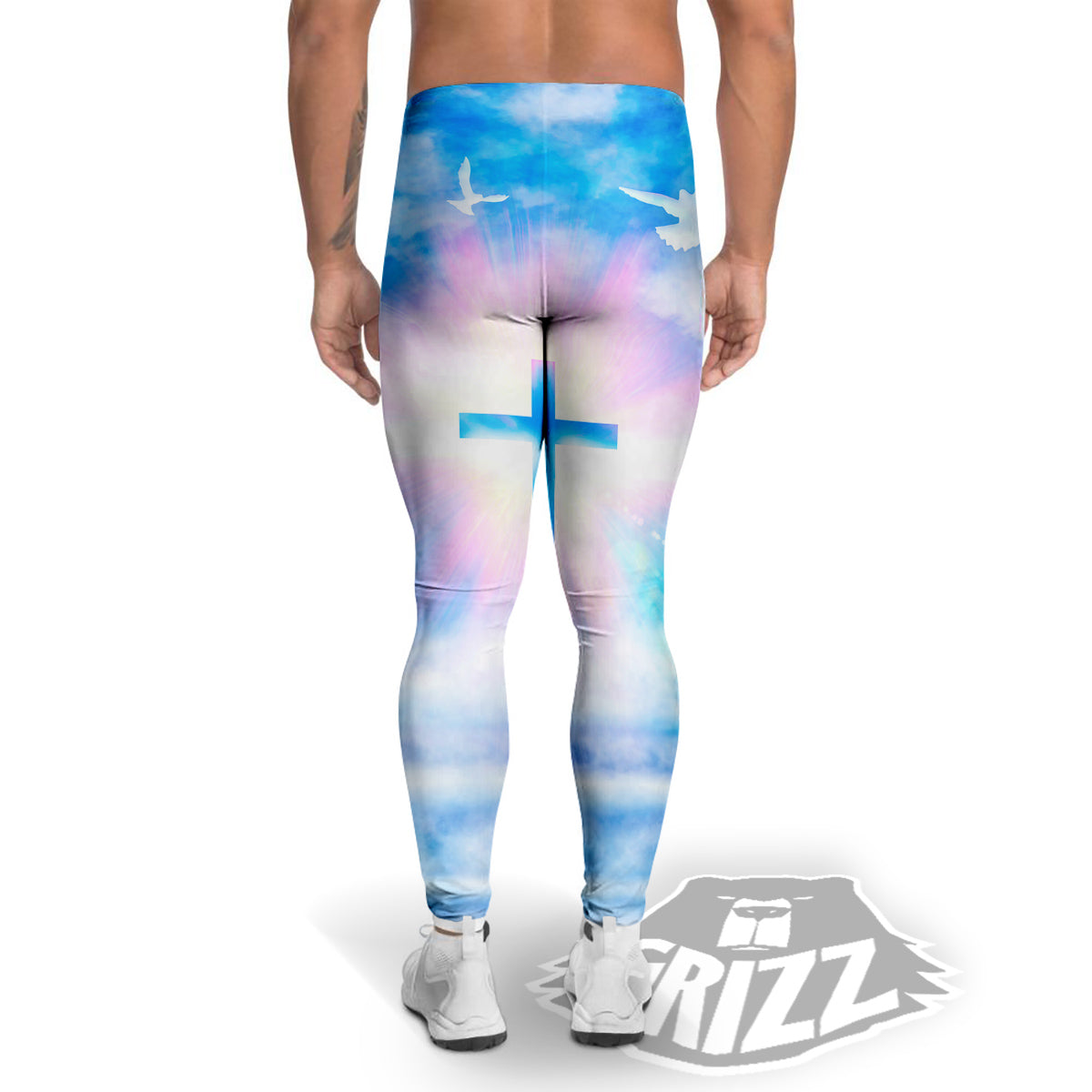 White Doves And Christian Cross Print Men's Leggings-grizzshop