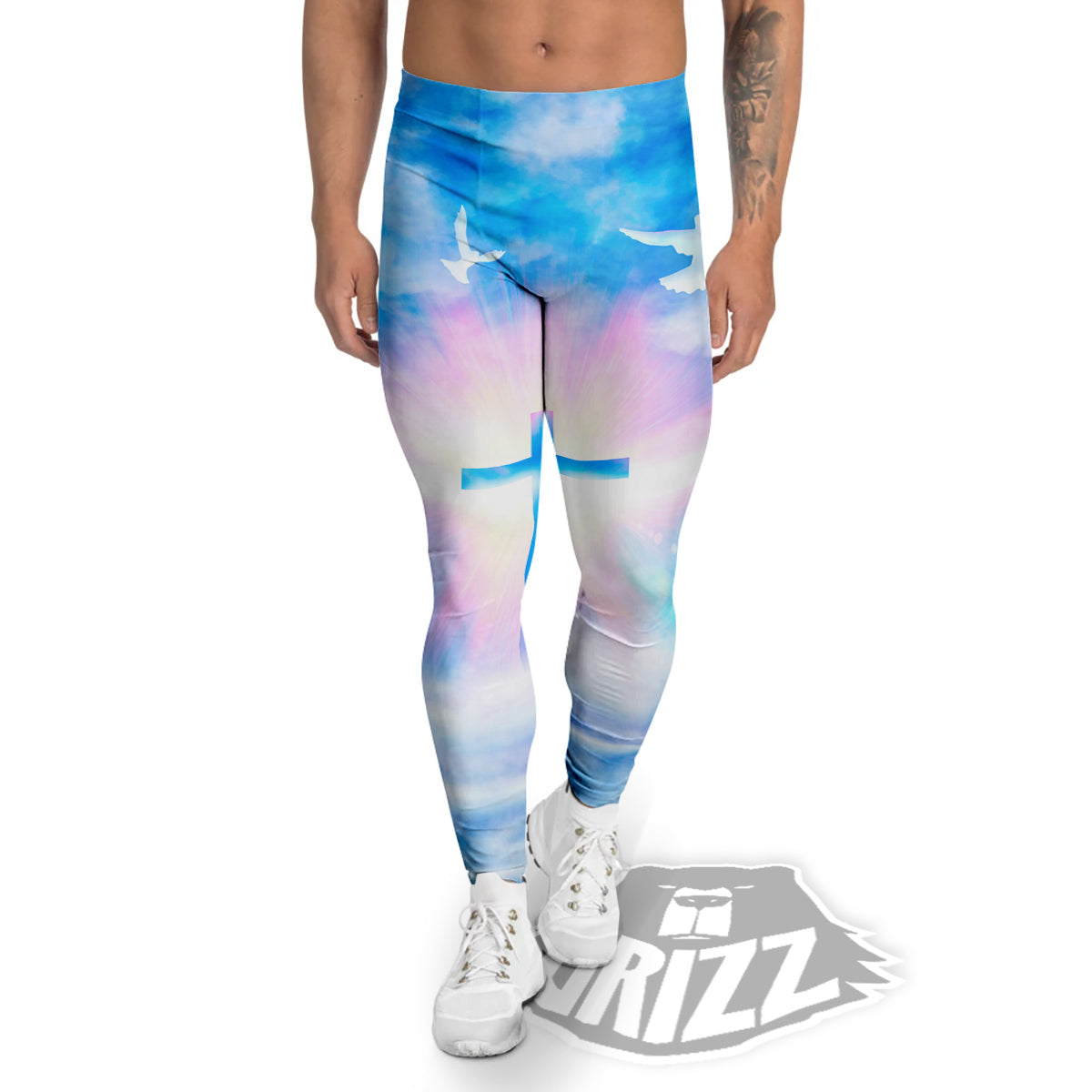 White Doves And Christian Cross Print Men's Leggings-grizzshop