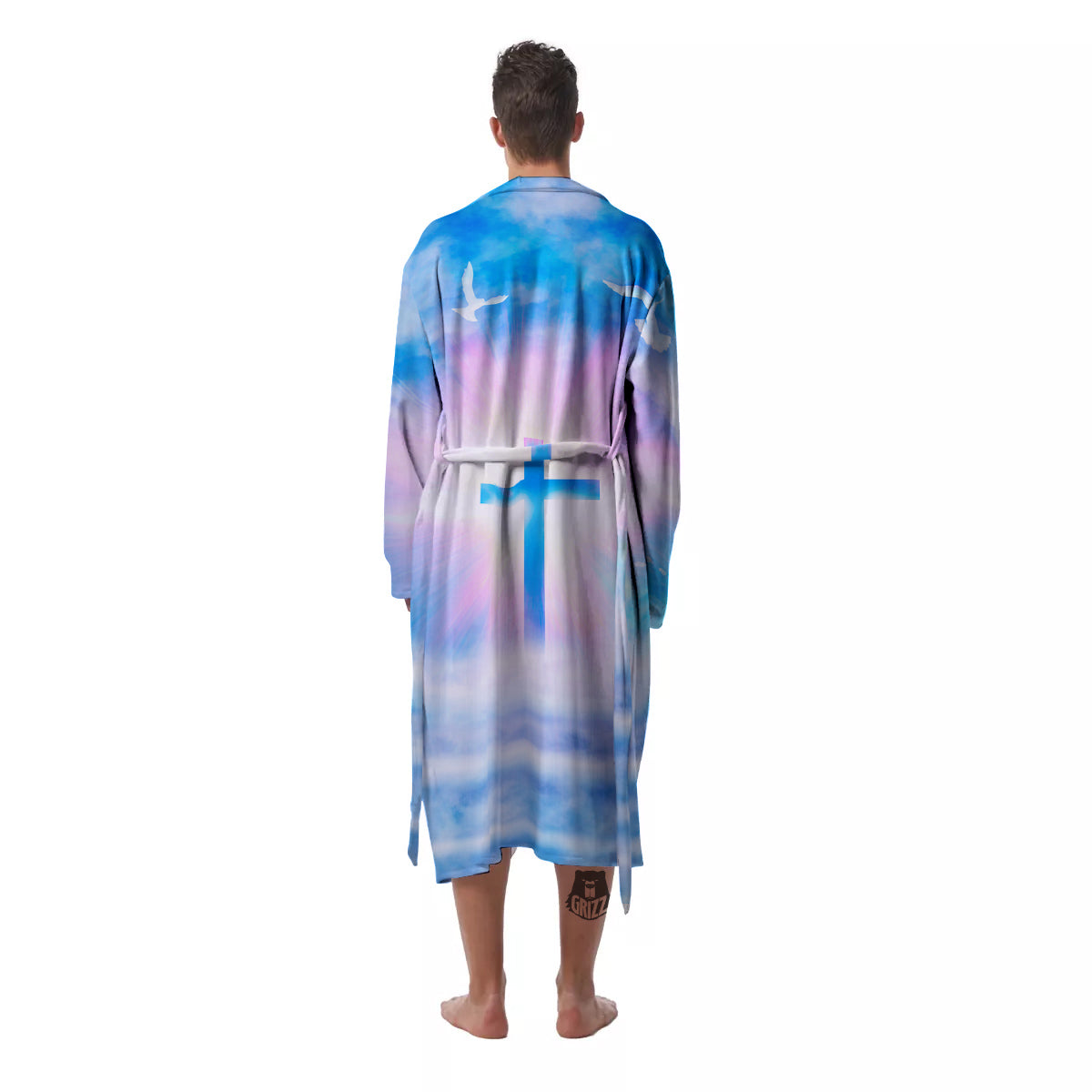 White Doves And Christian Cross Print Men's Robe-grizzshop