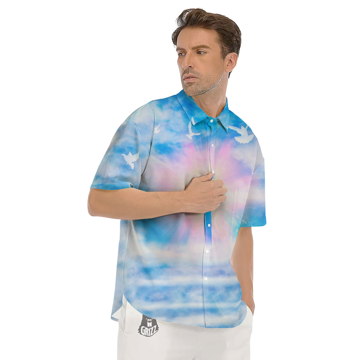 White Doves And Christian Cross Print Men's Short Sleeve Shirts-grizzshop