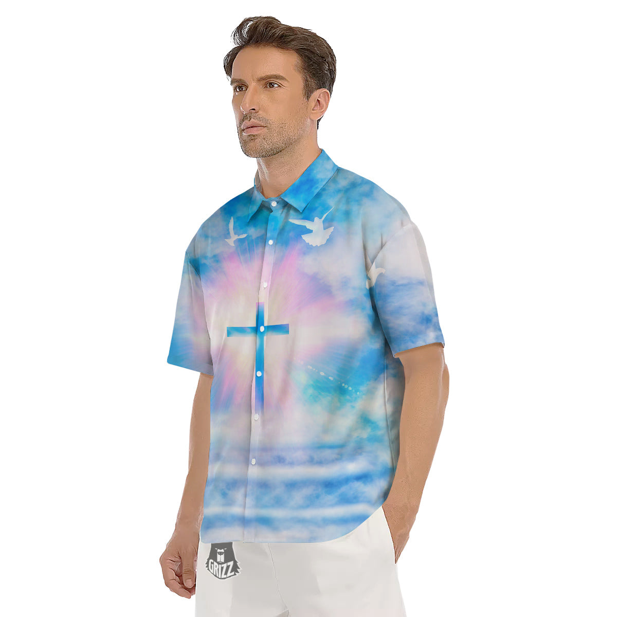 White Doves And Christian Cross Print Men's Short Sleeve Shirts-grizzshop