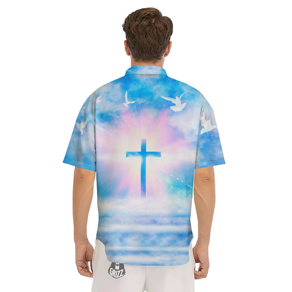 White Doves And Christian Cross Print Men's Short Sleeve Shirts-grizzshop