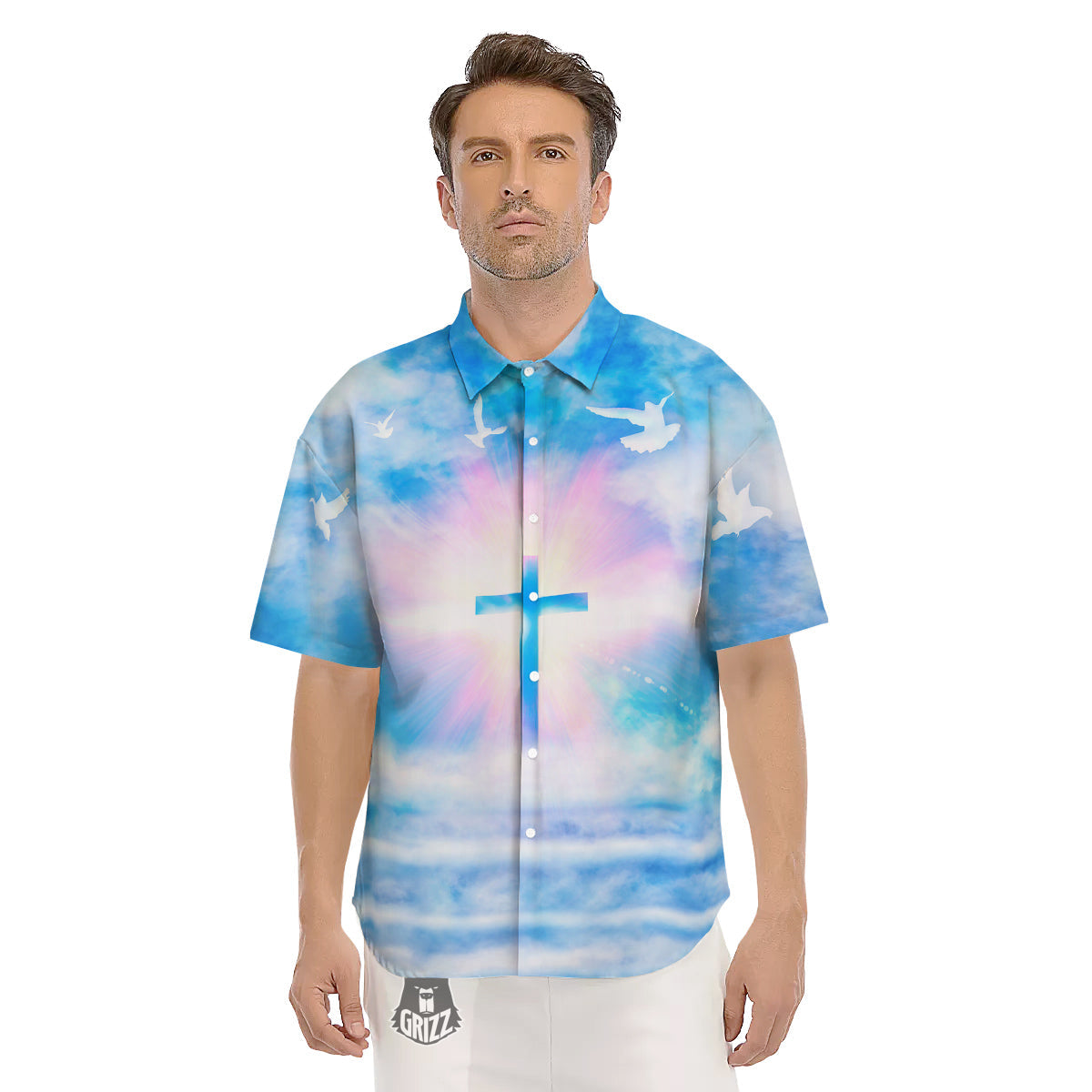 White Doves And Christian Cross Print Men's Short Sleeve Shirts-grizzshop