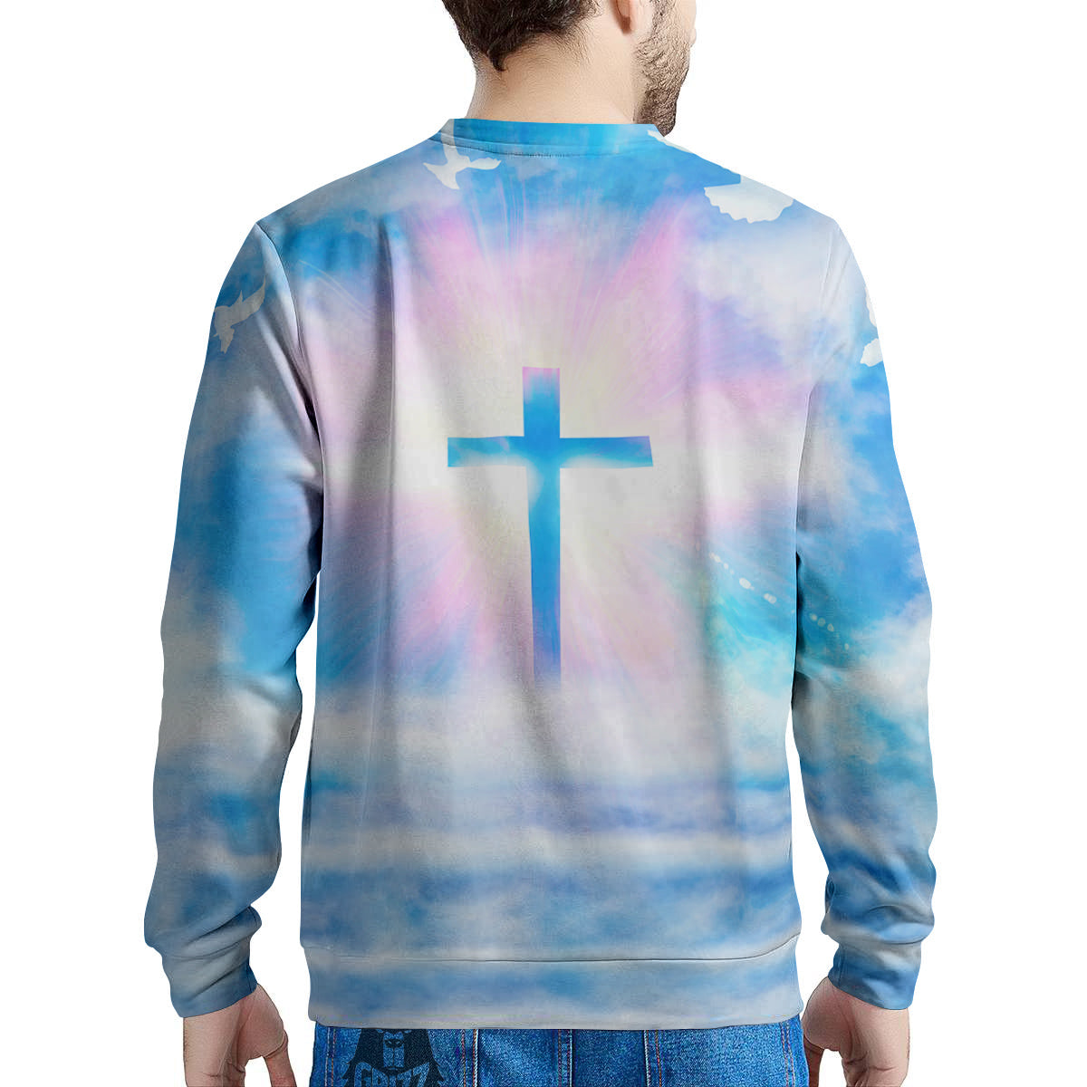 White Doves And Christian Cross Print Men's Sweatshirt-grizzshop
