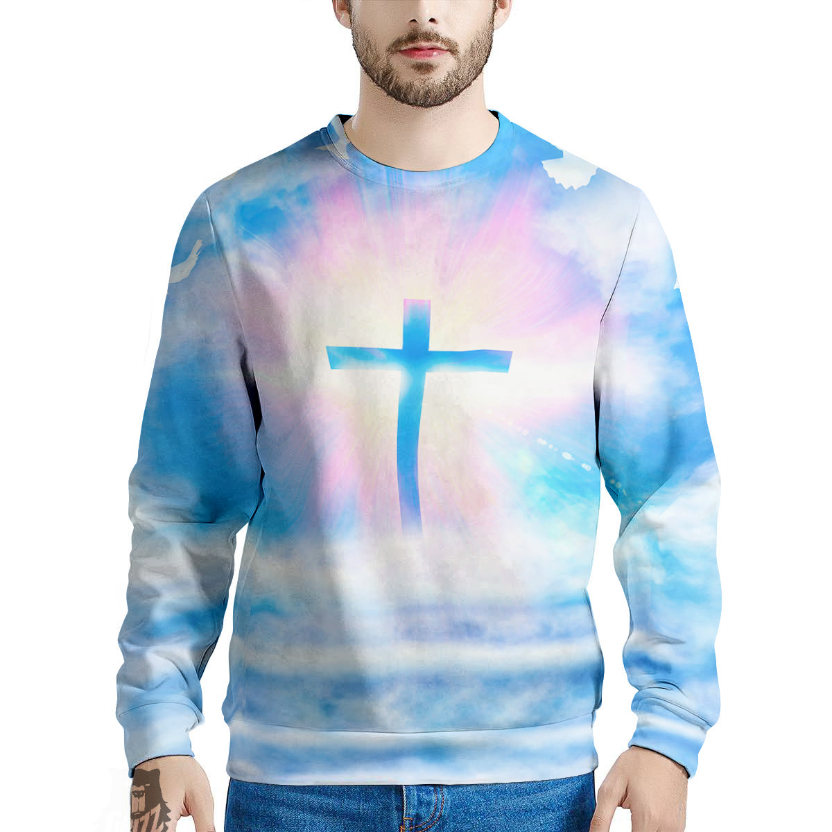White Doves And Christian Cross Print Men's Sweatshirt-grizzshop