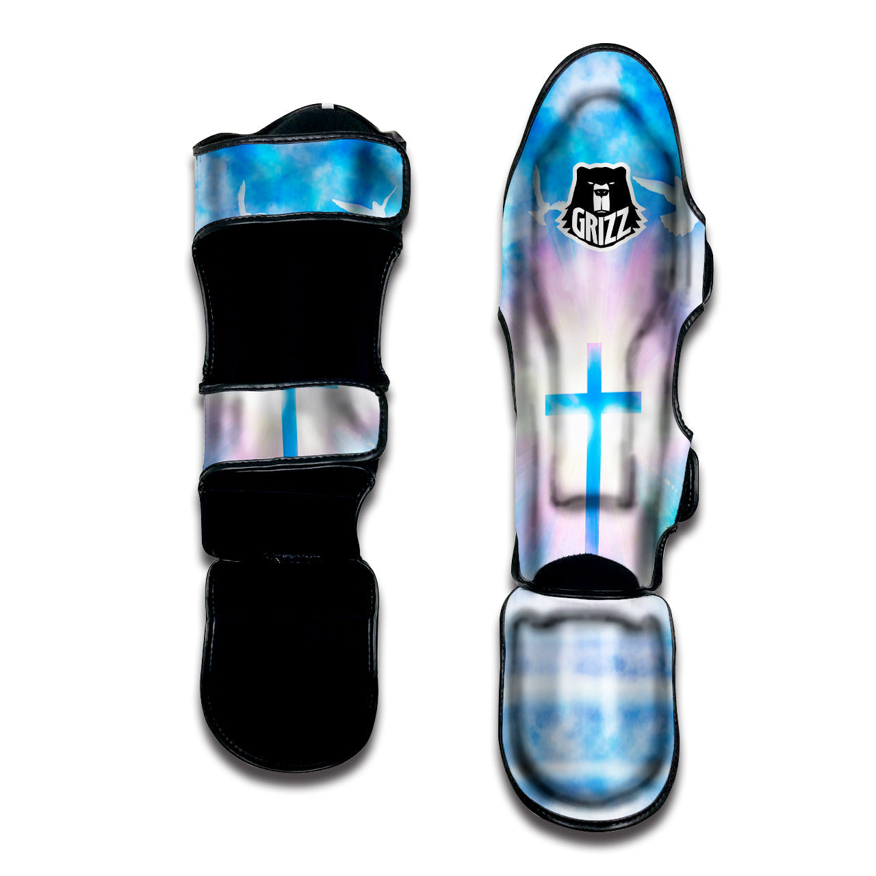 White Doves And Christian Cross Print Muay Thai Shin Guards-grizzshop