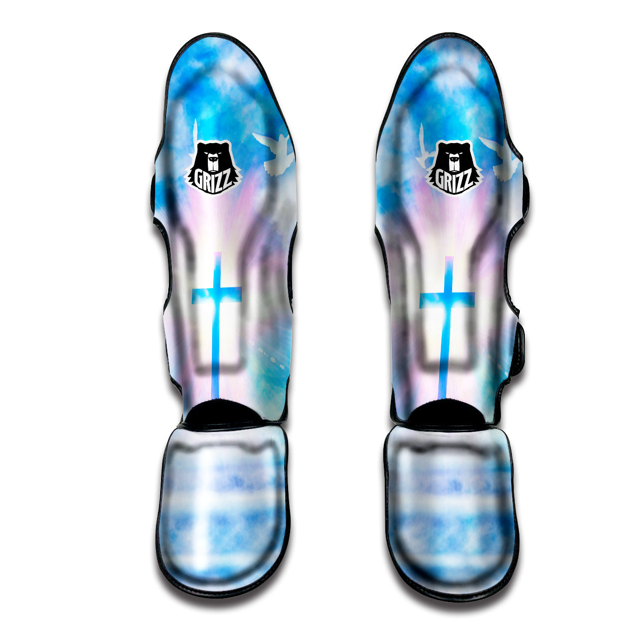 White Doves And Christian Cross Print Muay Thai Shin Guards-grizzshop