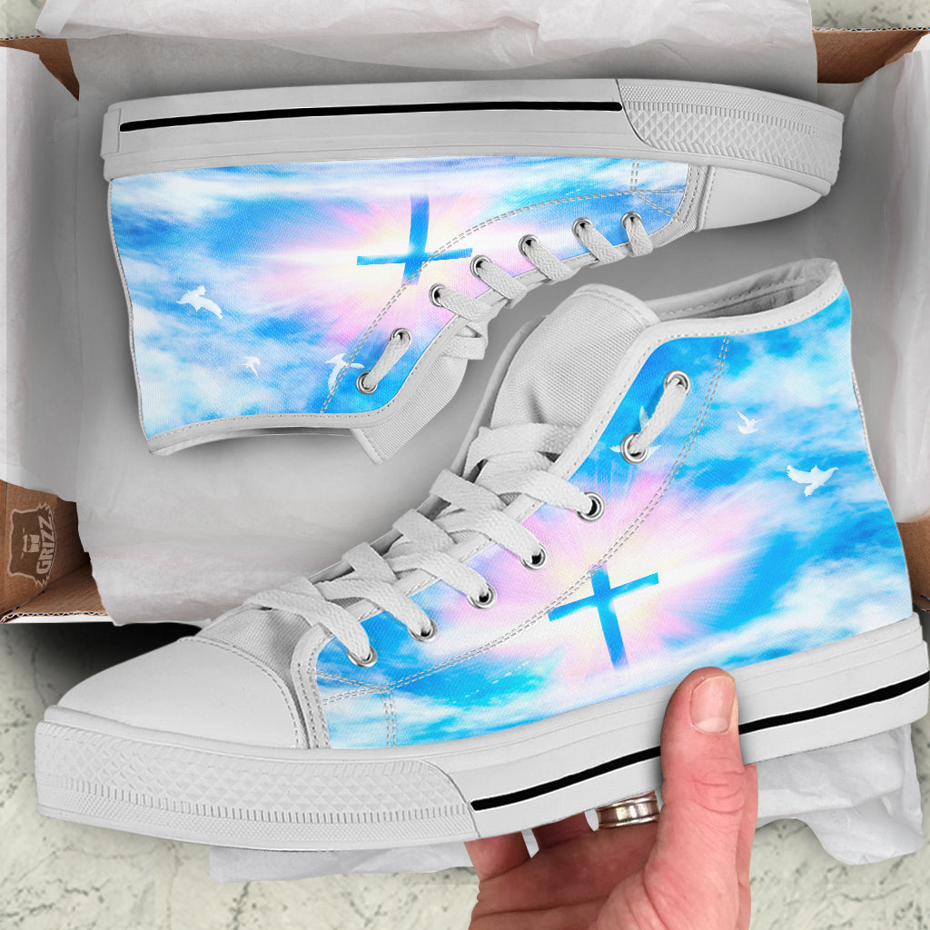 White Doves And Christian Cross Print White High Top Shoes-grizzshop
