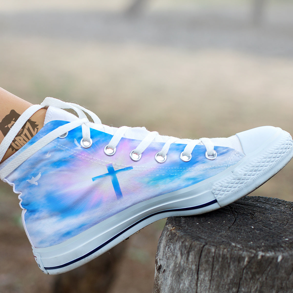 White Doves And Christian Cross Print White High Top Shoes-grizzshop