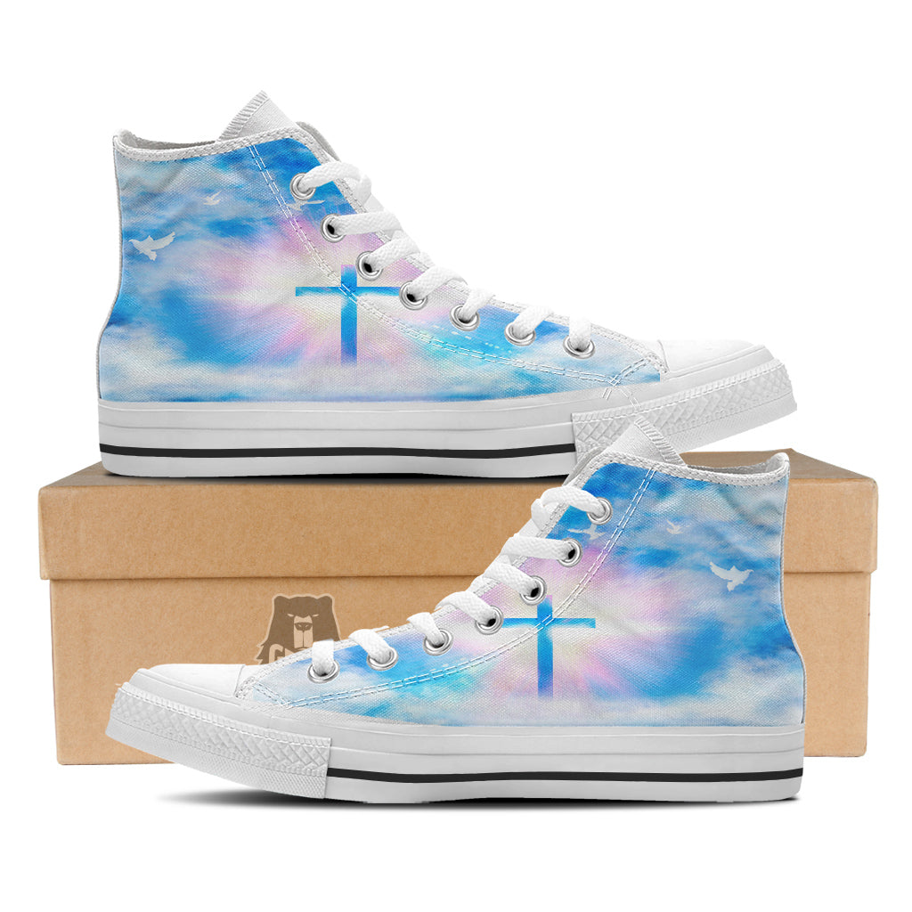 White Doves And Christian Cross Print White High Top Shoes-grizzshop