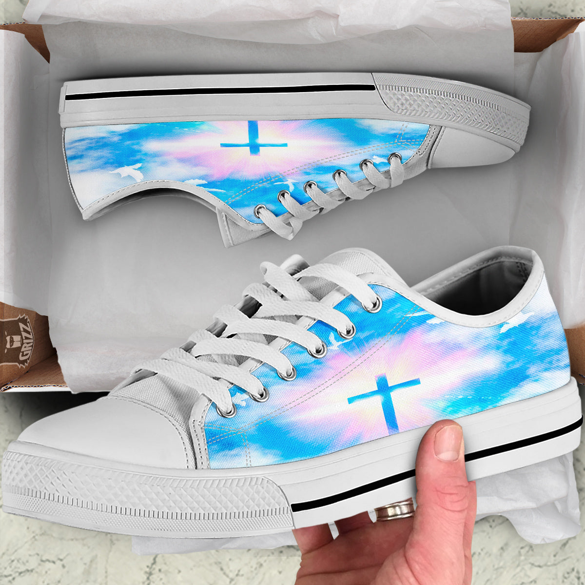 White Doves And Christian Cross Print White Low Top Shoes-grizzshop