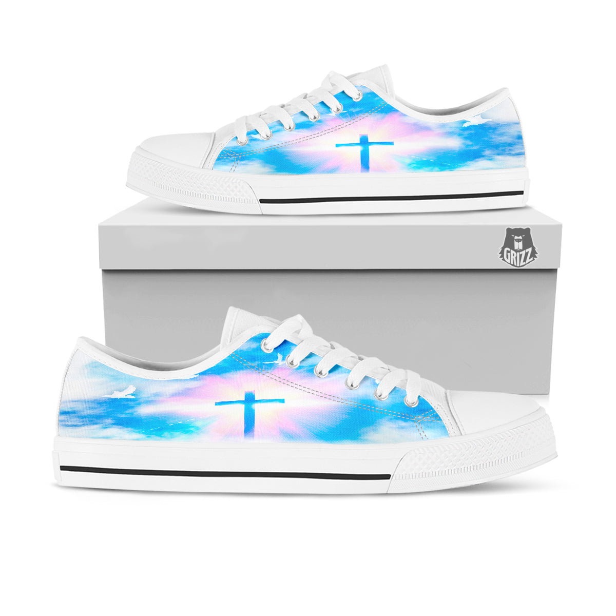 White Doves And Christian Cross Print White Low Top Shoes-grizzshop