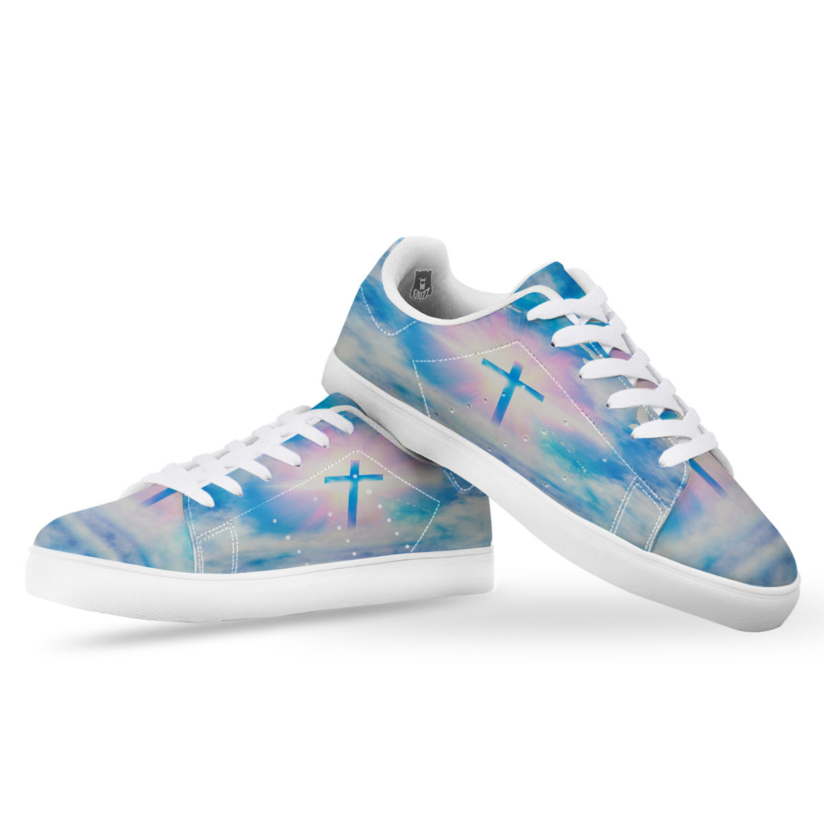 White Doves And Christian Cross Print White Low Top Sneakers-grizzshop