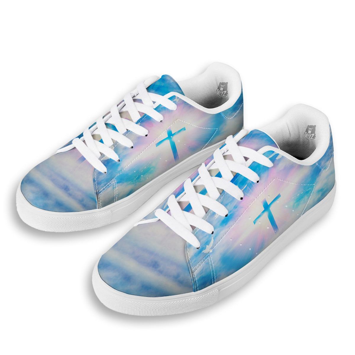 White Doves And Christian Cross Print White Low Top Sneakers-grizzshop