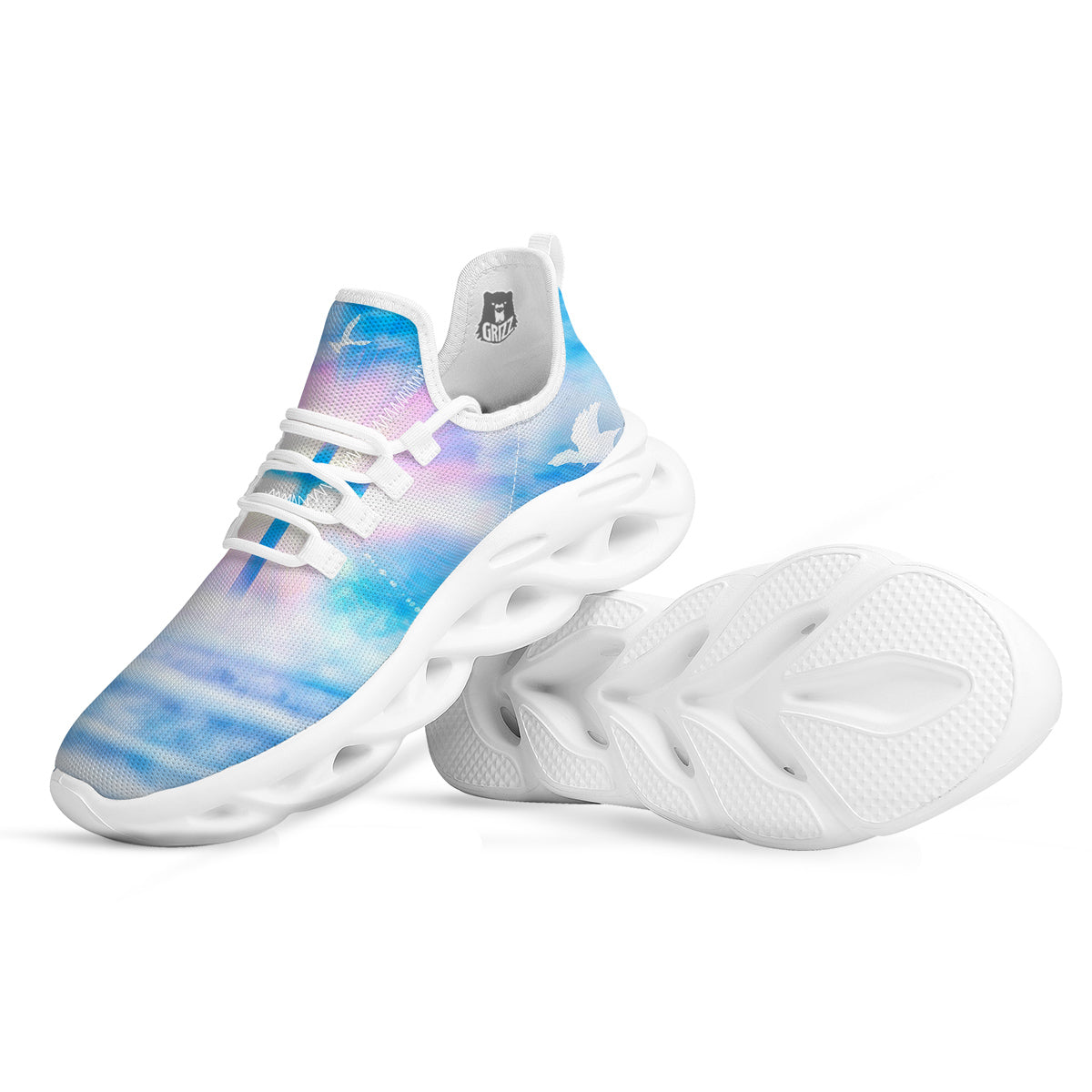 White Doves And Christian Cross Print White Running Shoes-grizzshop