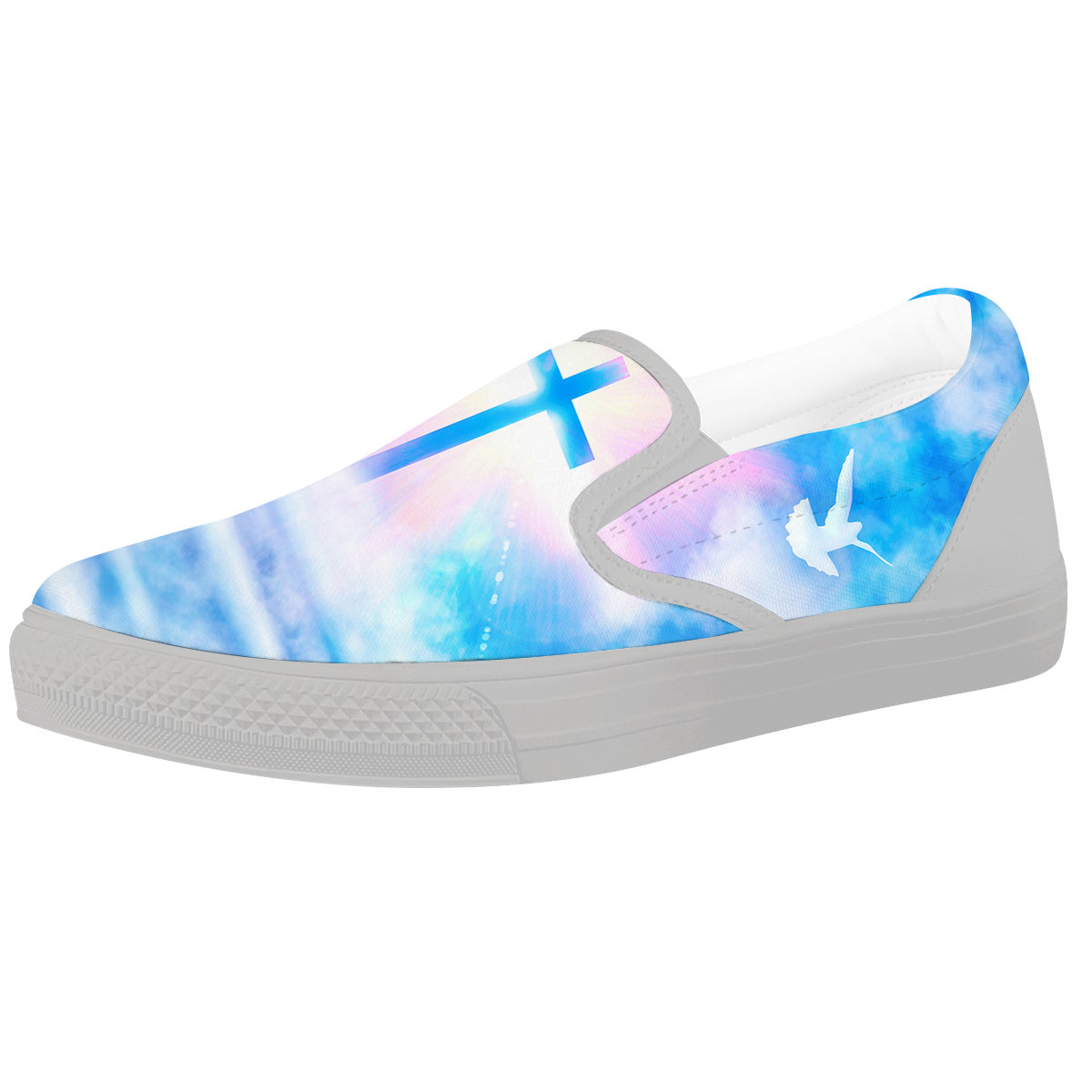 White Doves And Christian Cross Print White Slip On Shoes-grizzshop