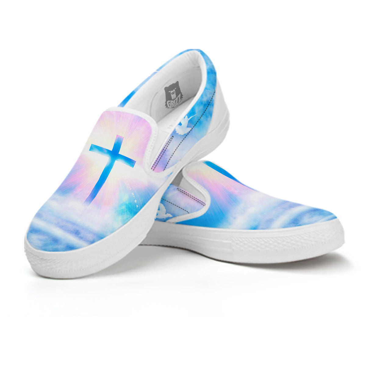 White Doves And Christian Cross Print White Slip On Shoes-grizzshop