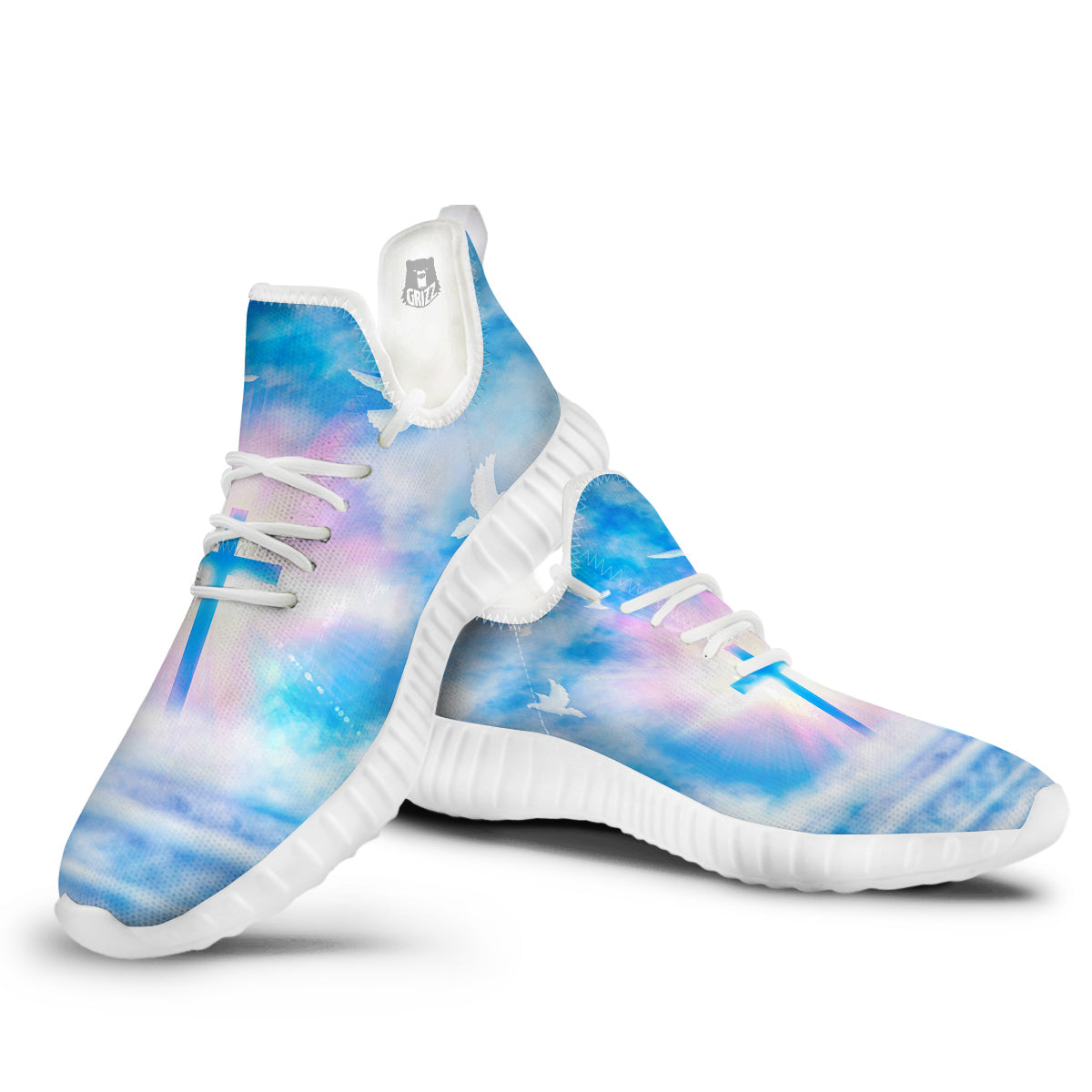 White Doves And Christian Cross Print White Walking Shoes-grizzshop