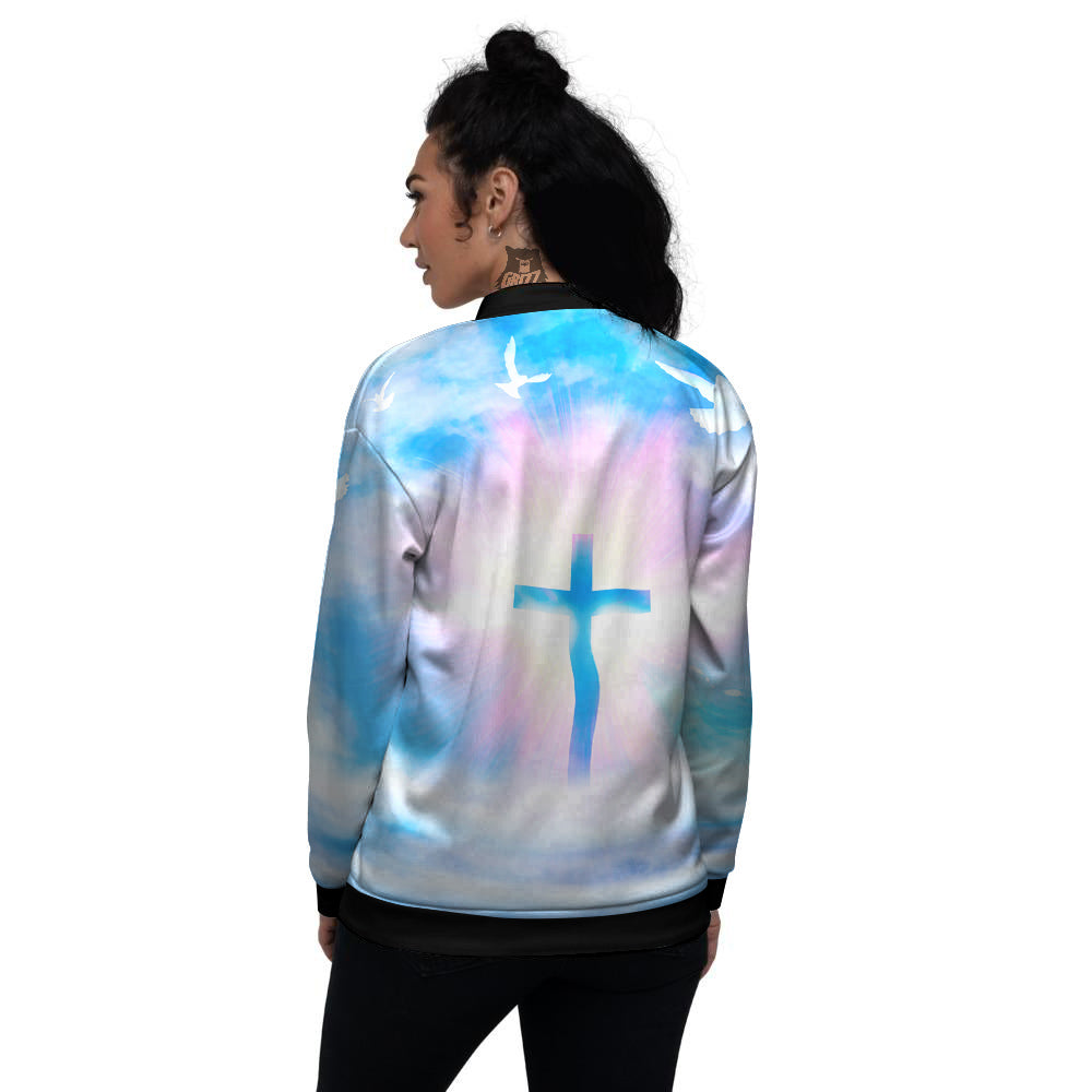 White Doves And Christian Cross Print Women's Bomber Jacket-grizzshop