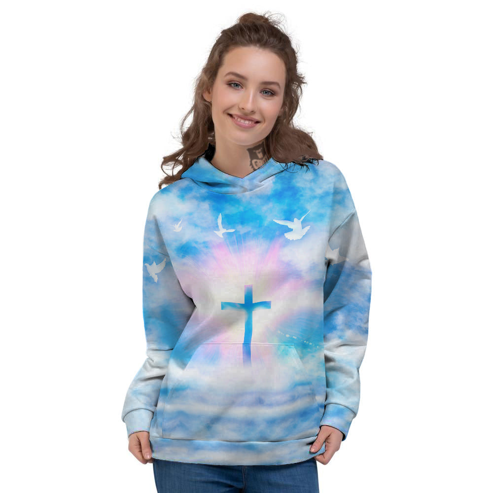 White Doves And Christian Cross Print Women's Hoodie-grizzshop