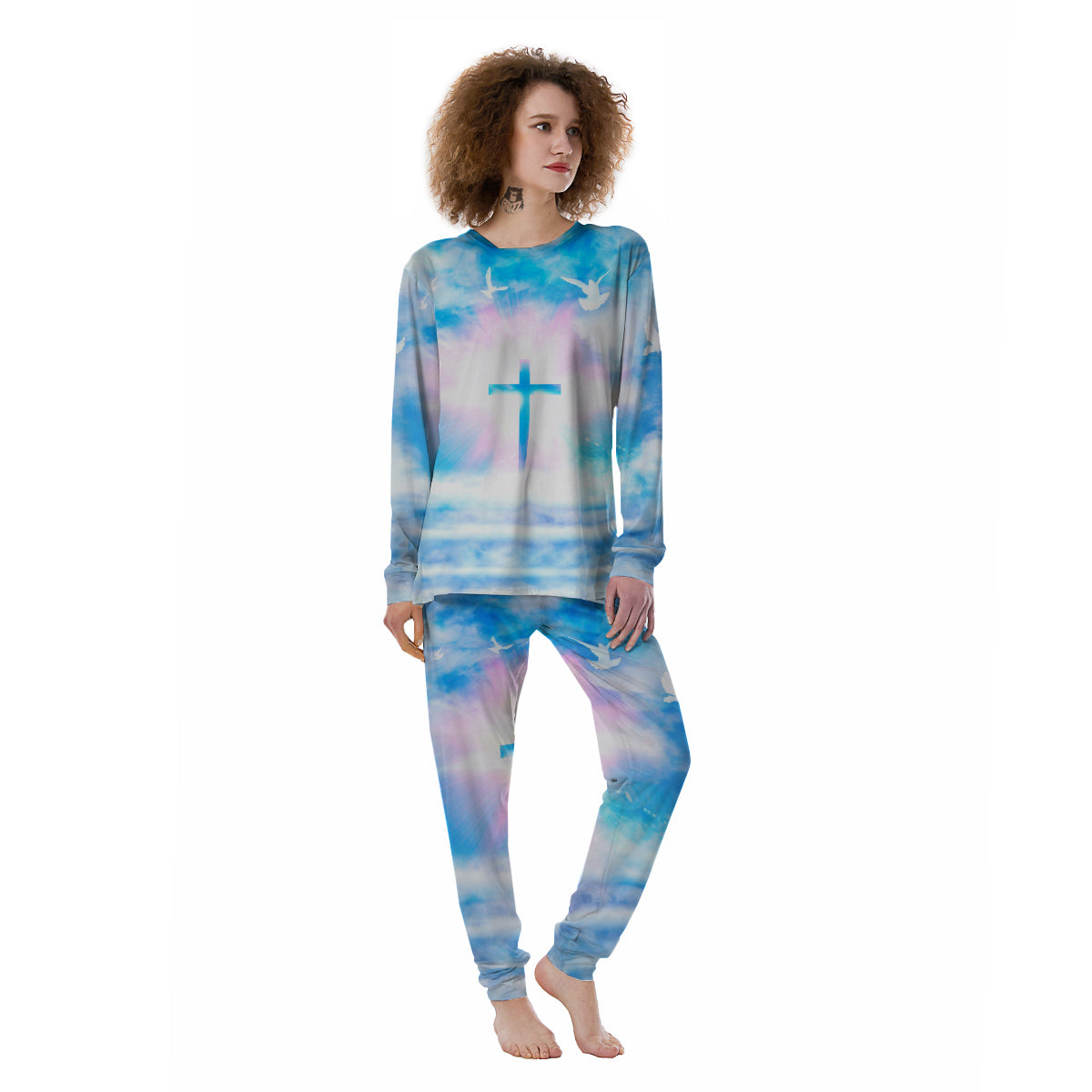 White Doves And Christian Cross Print Women's Pajamas-grizzshop
