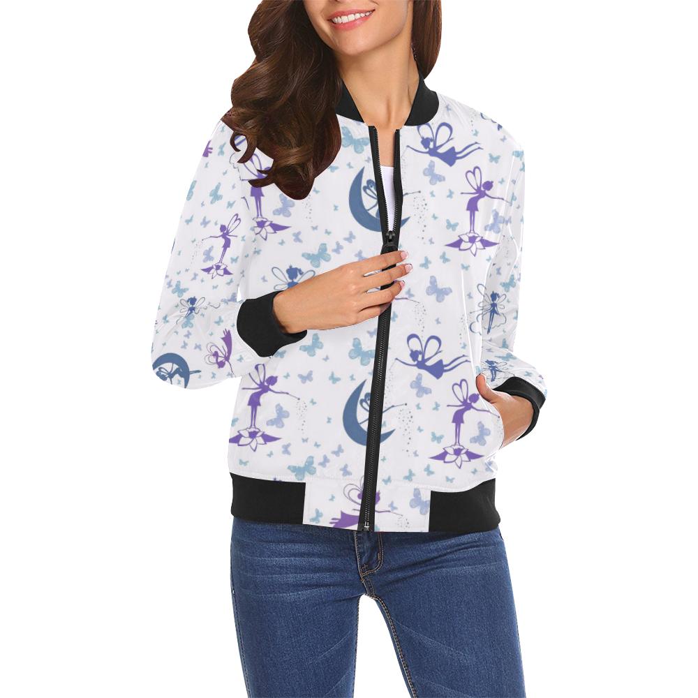 White Fairy Pattern Print Women Casual Bomber Jacket-grizzshop