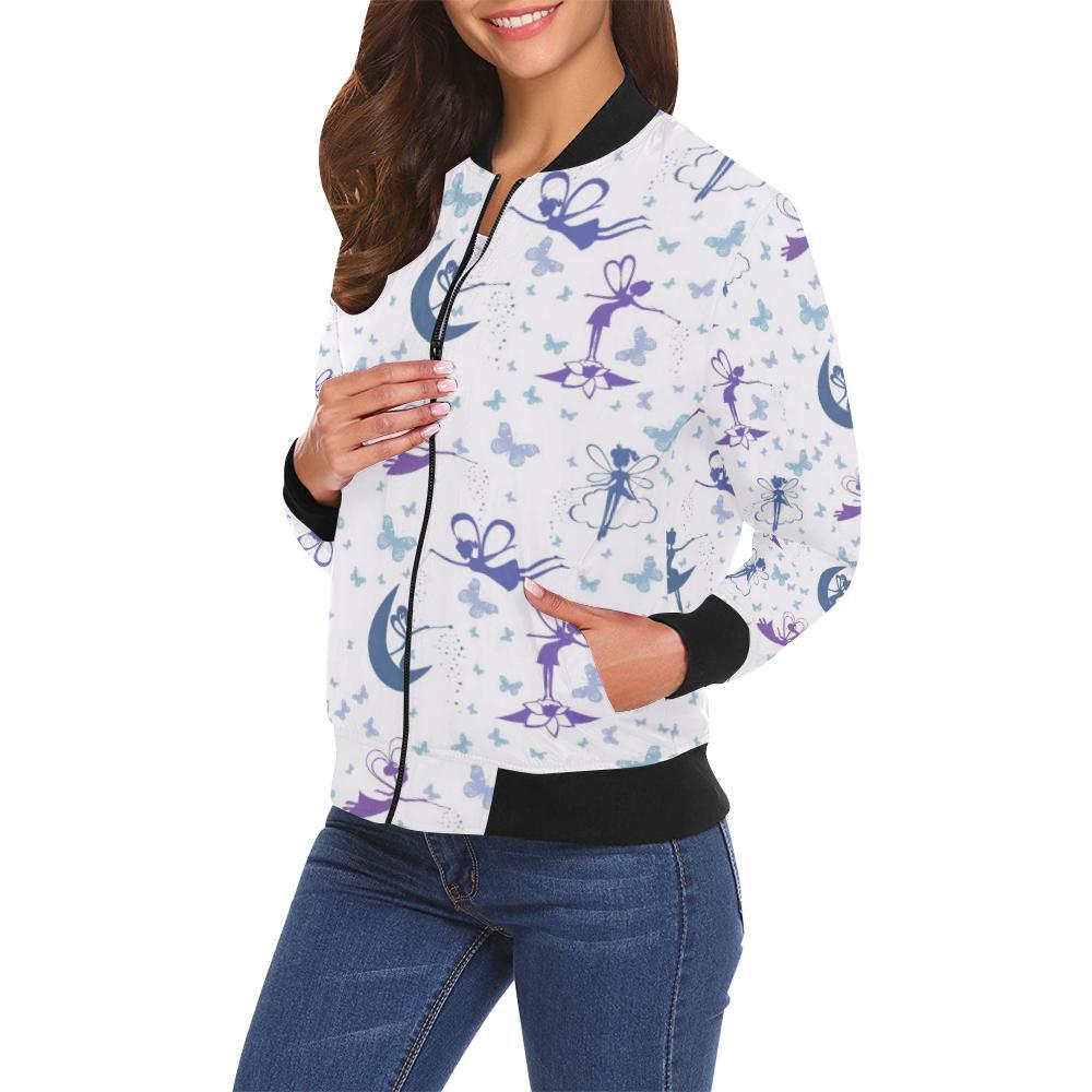 White Fairy Pattern Print Women Casual Bomber Jacket-grizzshop