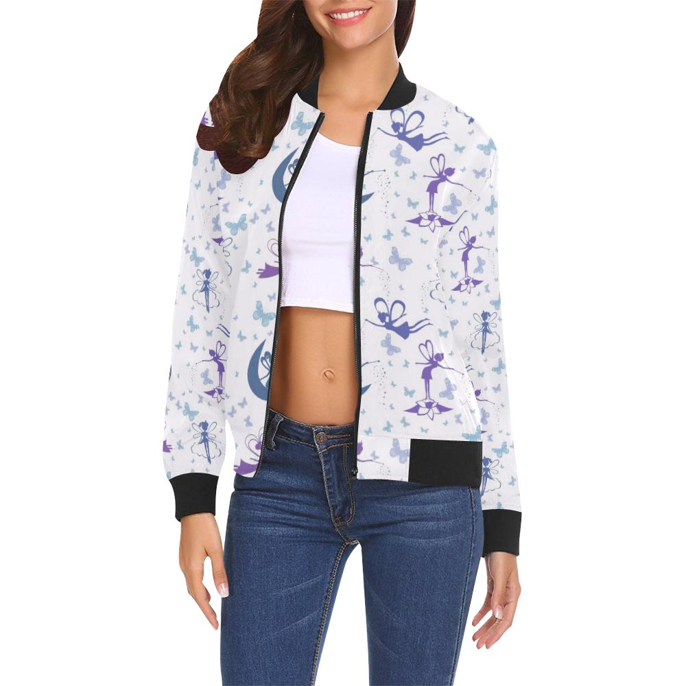 White Fairy Pattern Print Women Casual Bomber Jacket-grizzshop