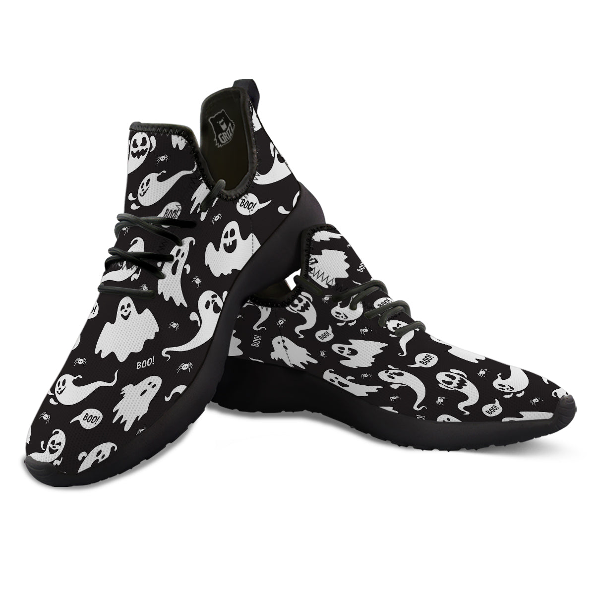 White Ghost Print Pattern Black Athletic Shoes-grizzshop