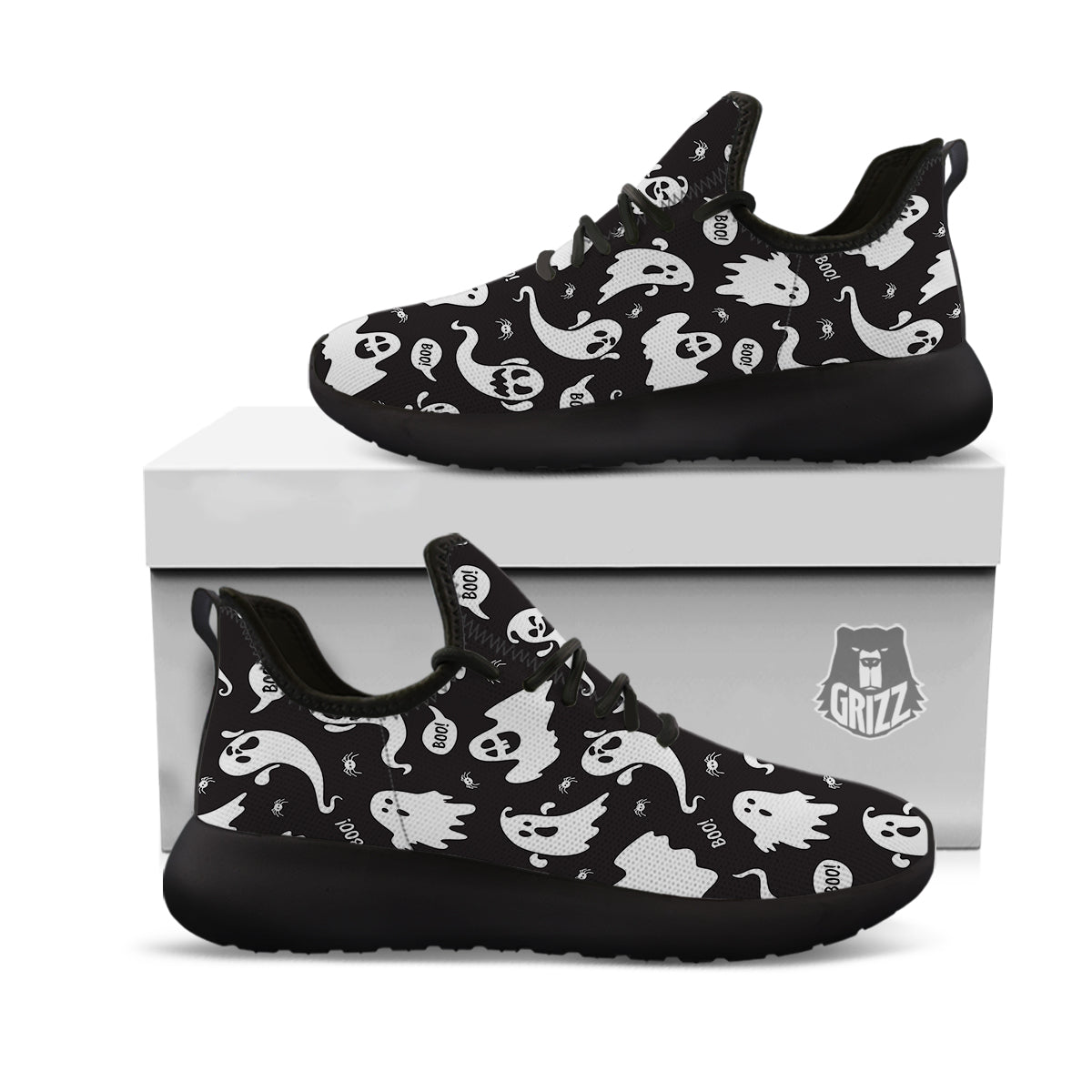 White Ghost Print Pattern Black Athletic Shoes-grizzshop