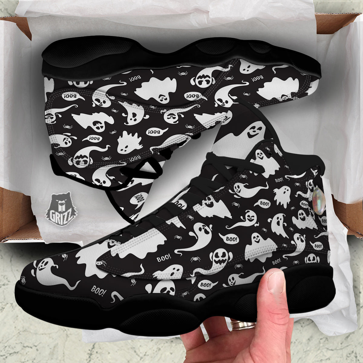 White Ghost Print Pattern Black Basketball Shoes-grizzshop