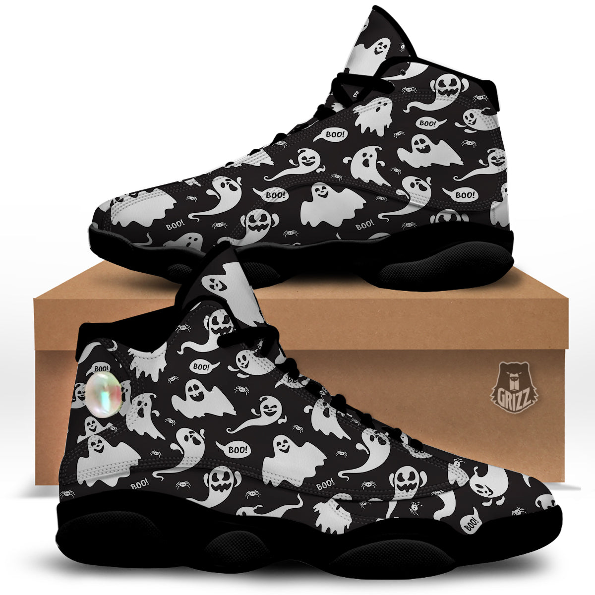 White Ghost Print Pattern Black Basketball Shoes-grizzshop