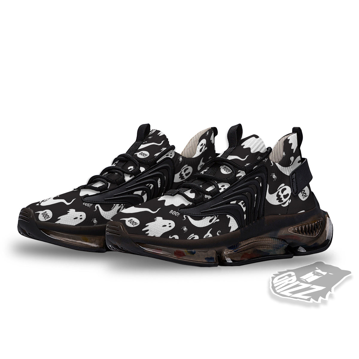 White Ghost Print Pattern Black Gym Shoes-grizzshop