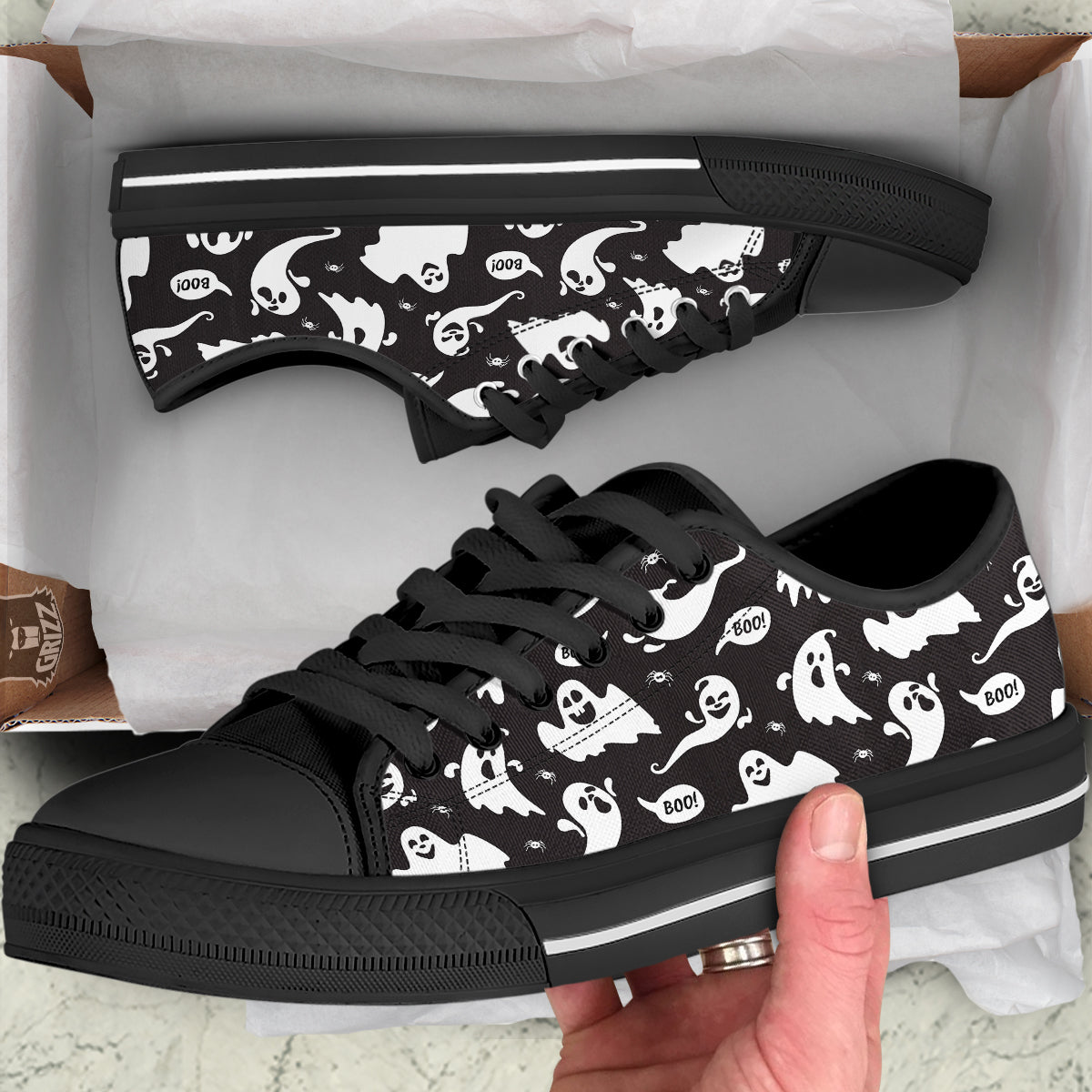 White Ghost Print Pattern Black Low Top Shoes-grizzshop