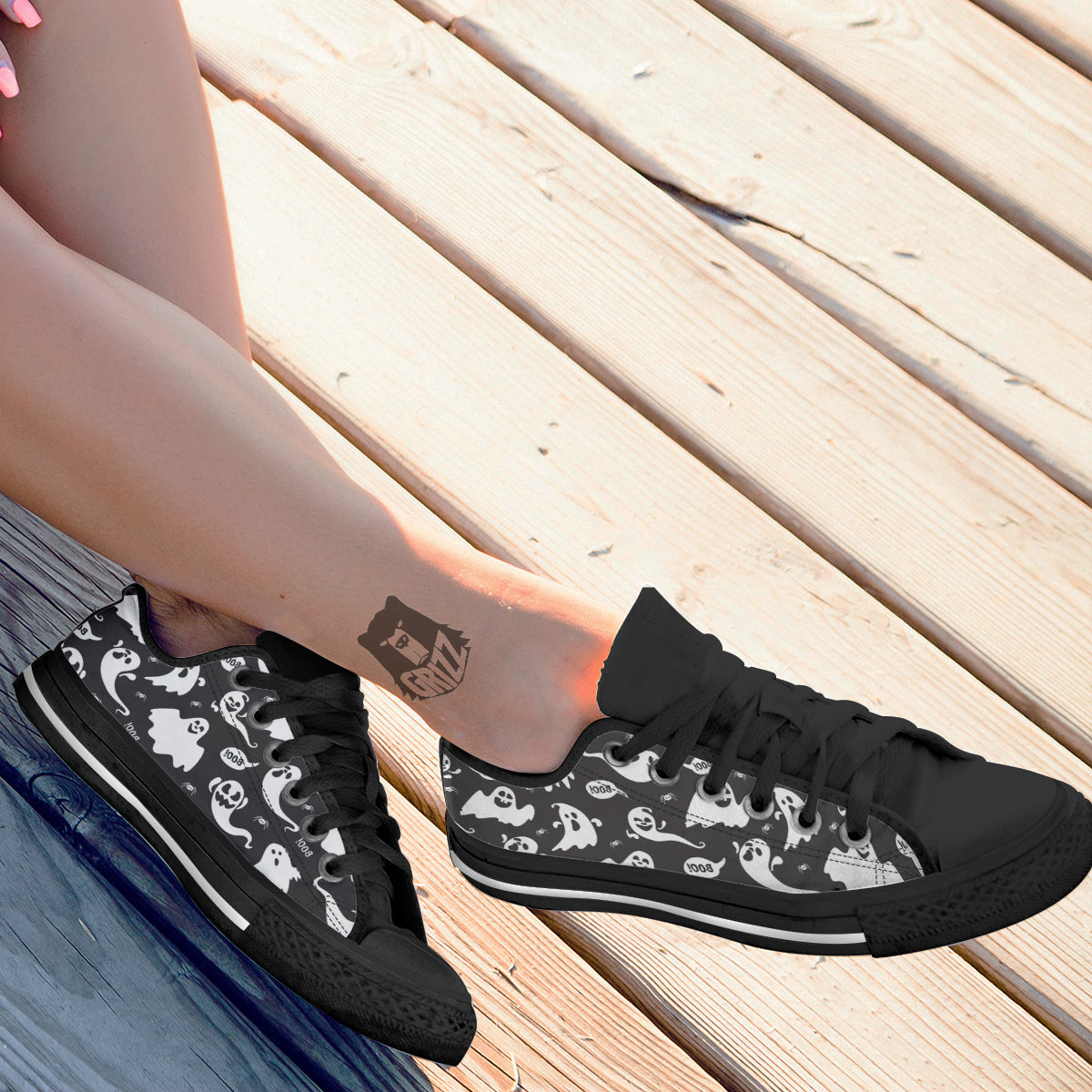 White Ghost Print Pattern Black Low Top Shoes-grizzshop