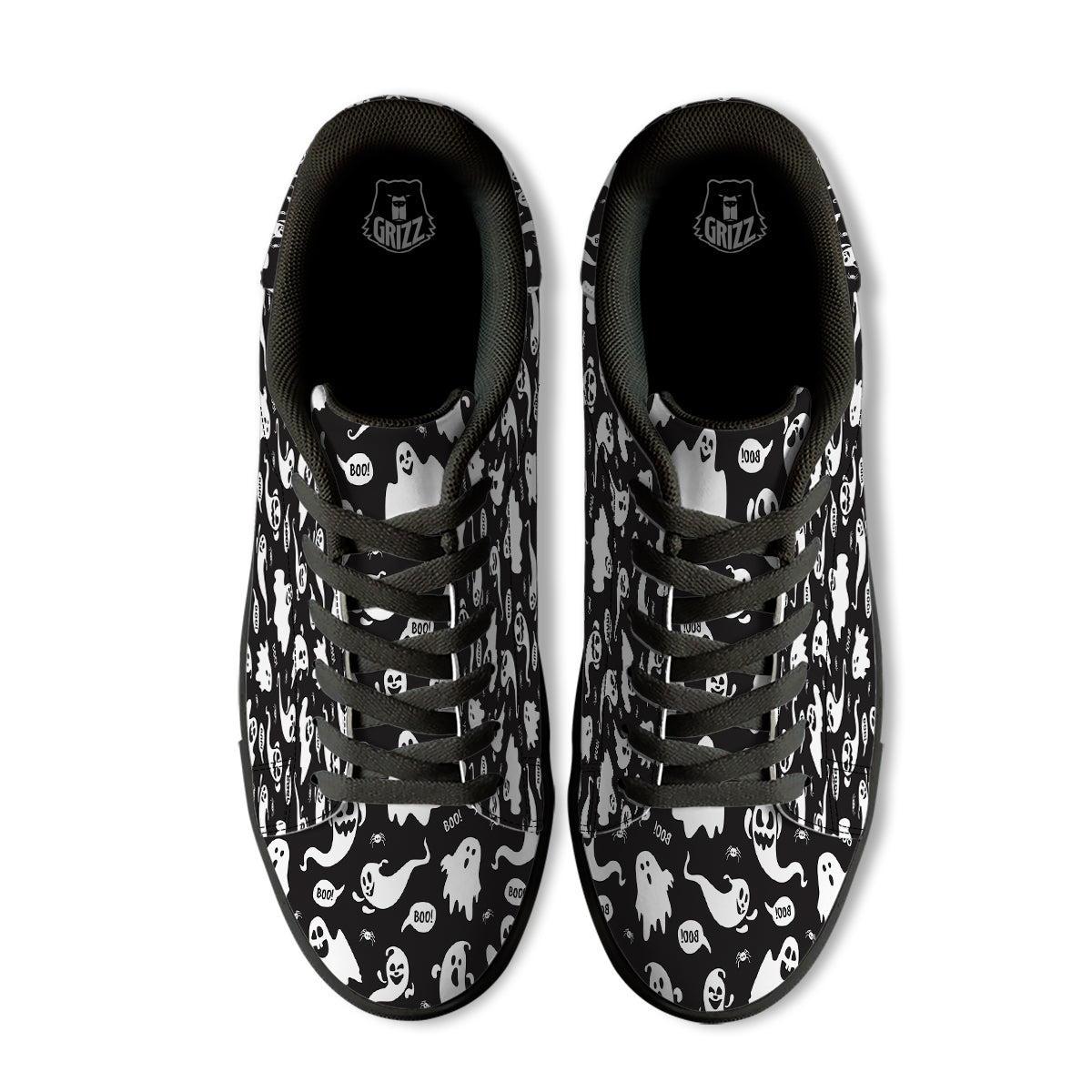 White Ghost Print Pattern Black Low Top Sneakers-grizzshop