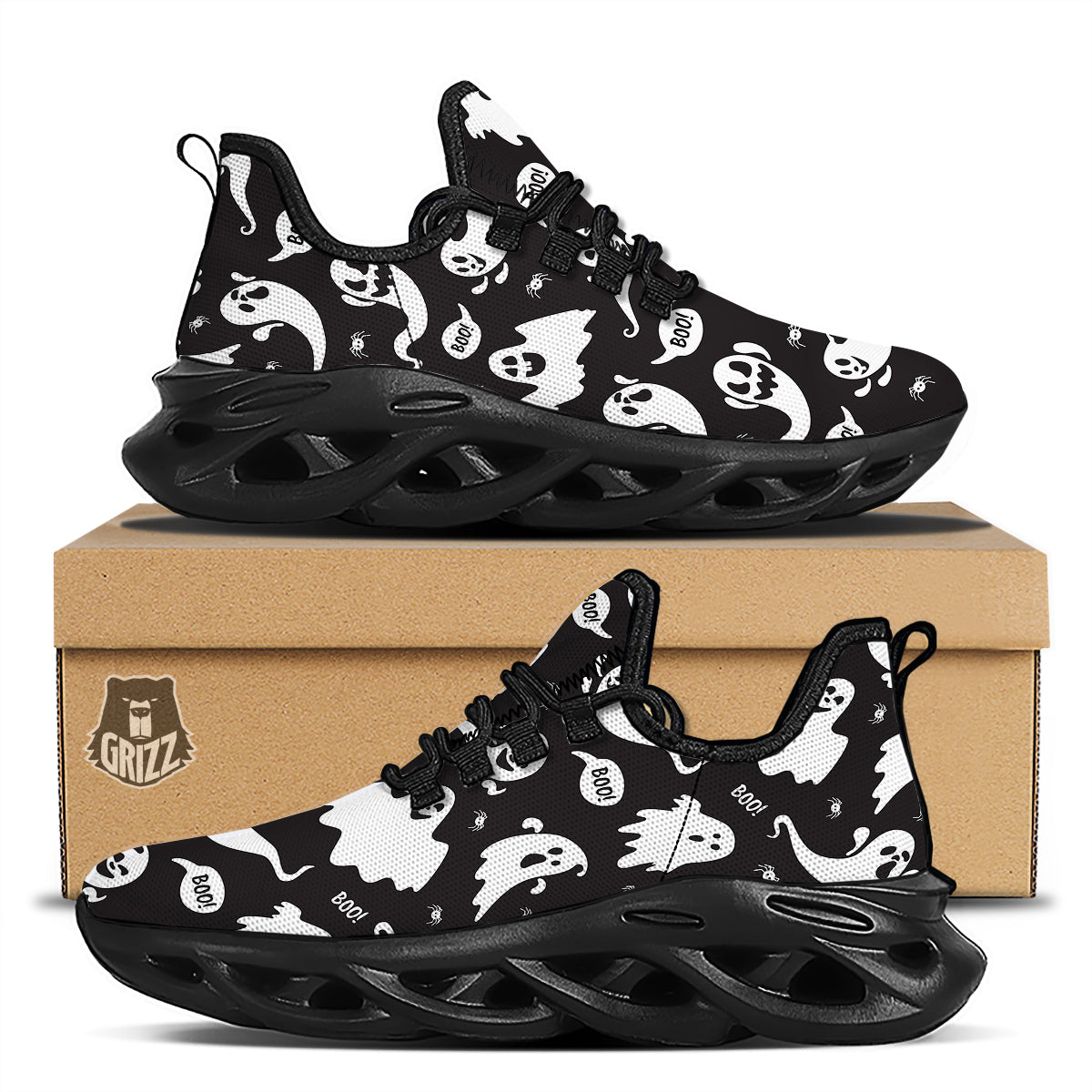 White Ghost Print Pattern Black Running Shoes-grizzshop