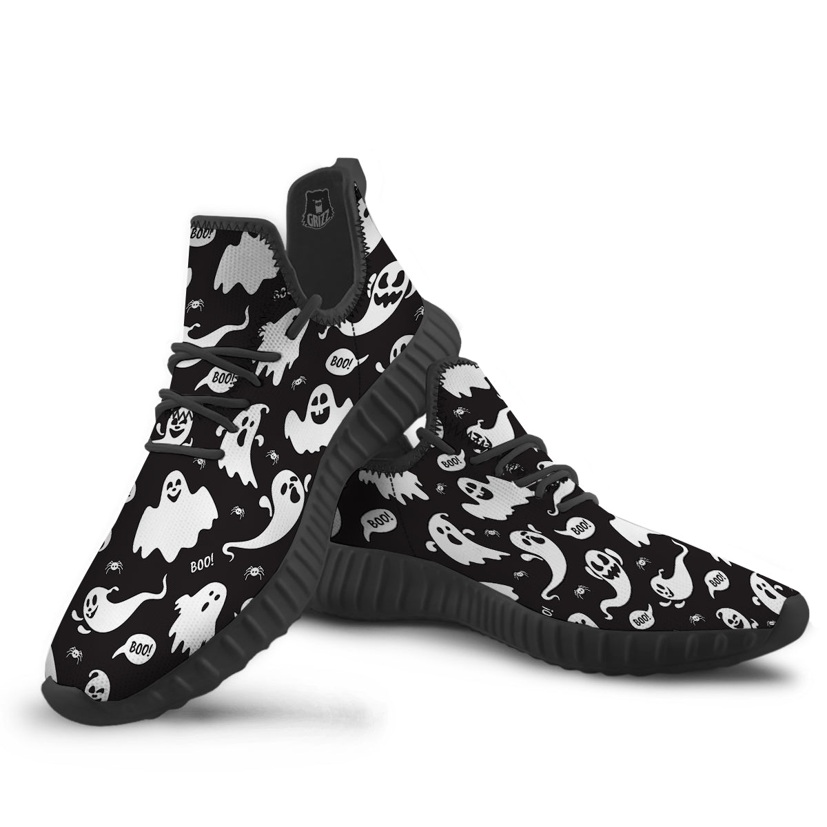 White Ghost Print Pattern Black Walking Shoes-grizzshop