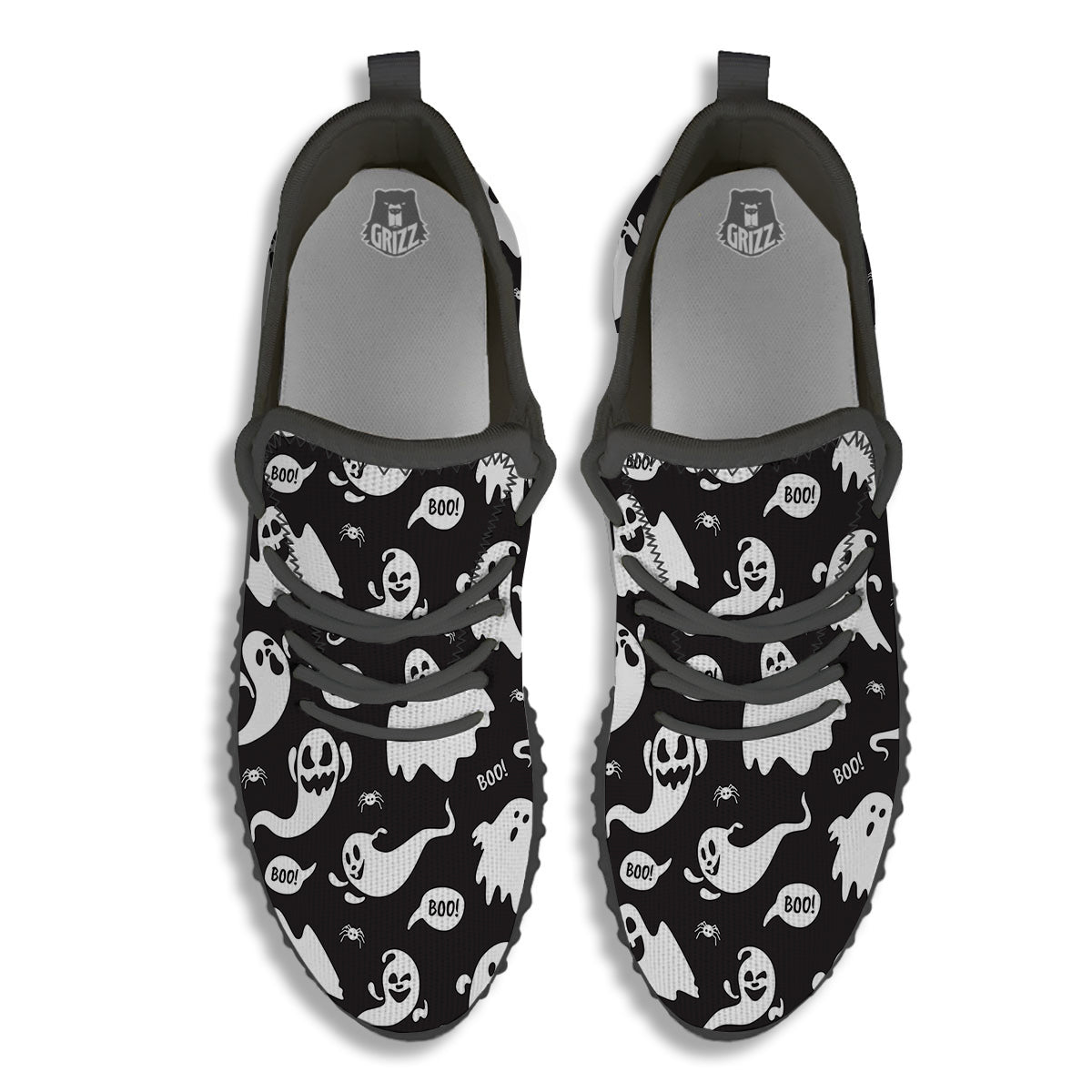 White Ghost Print Pattern Black Walking Shoes-grizzshop
