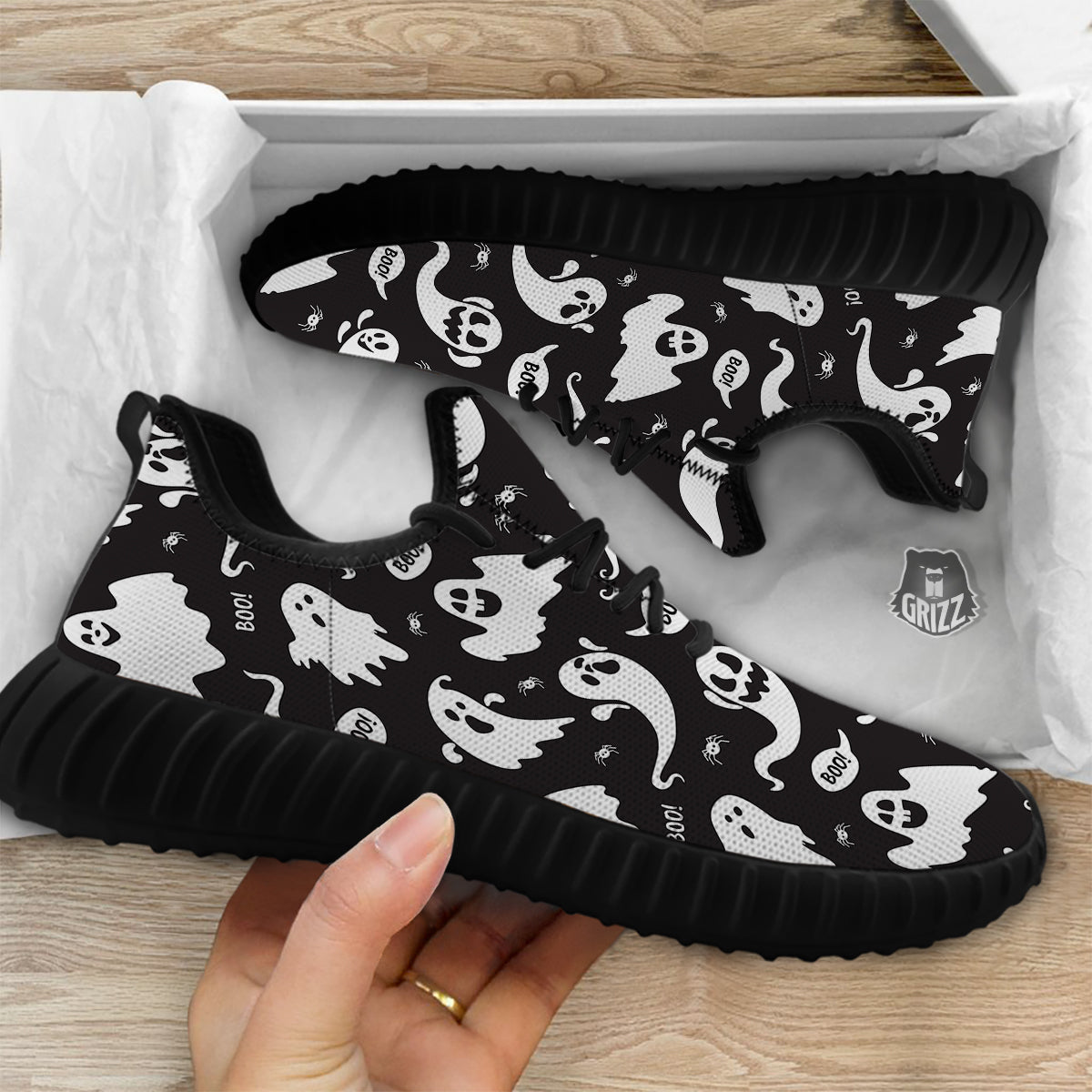 White Ghost Print Pattern Black Walking Shoes-grizzshop
